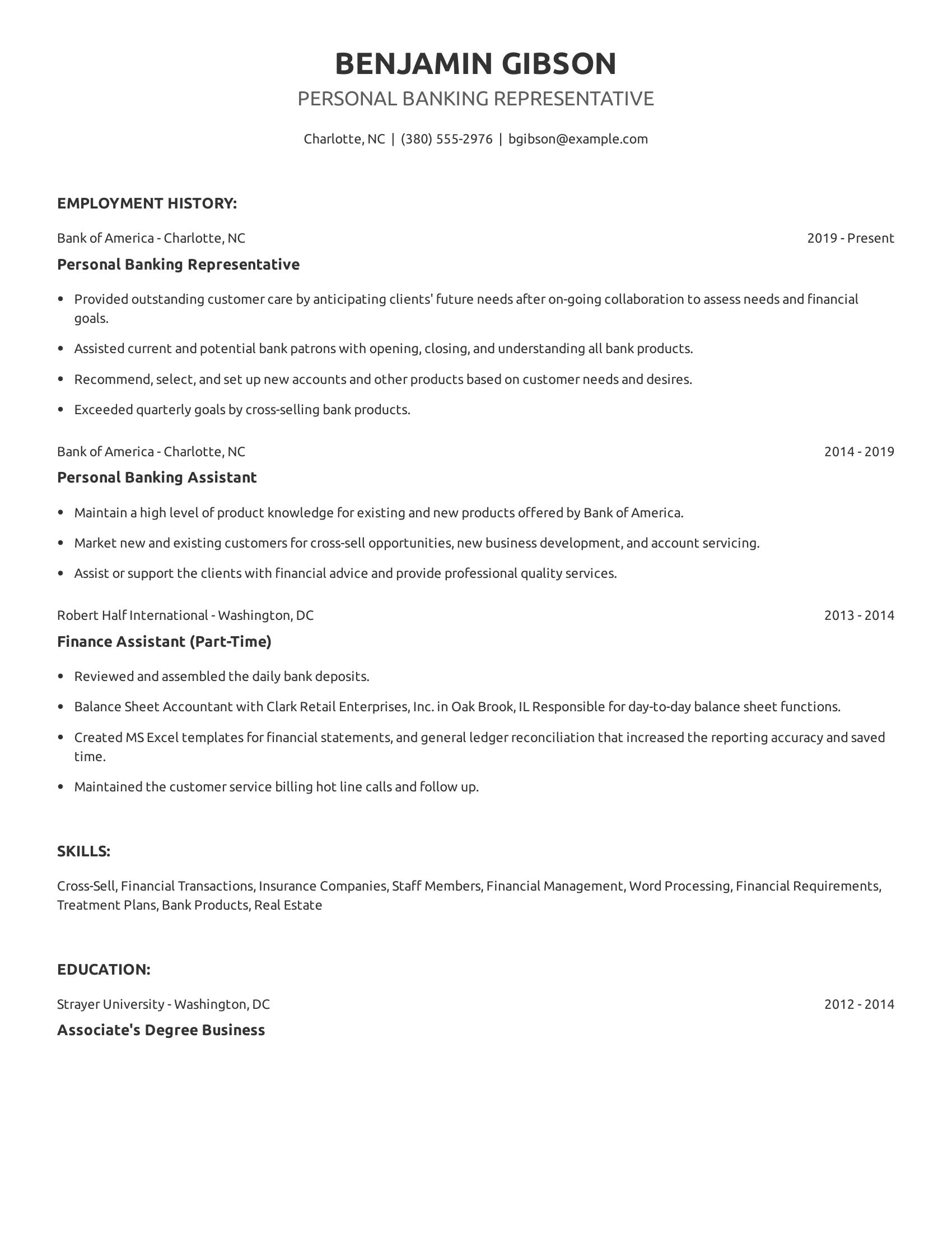 Personal Banking Representative resume example