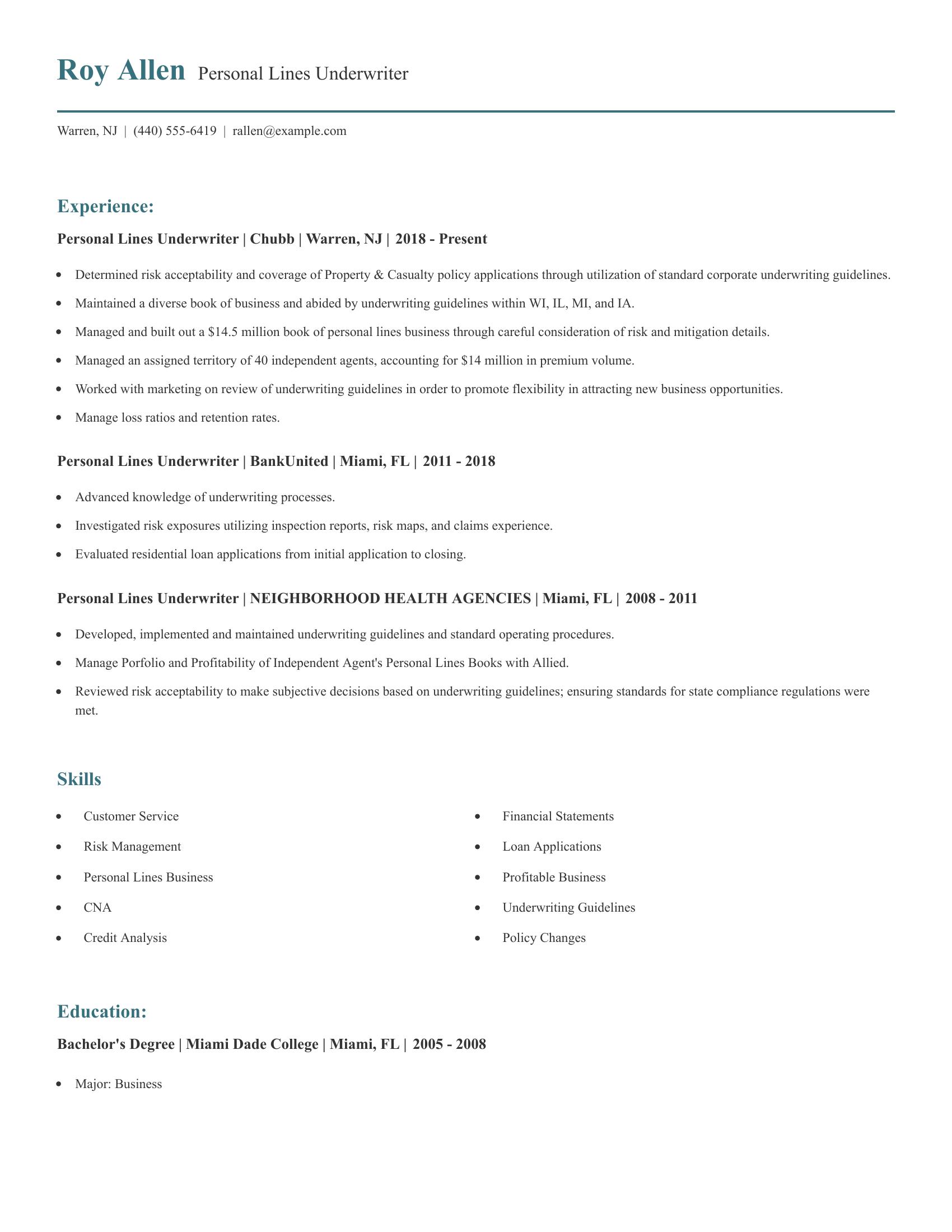 Personal Lines Underwriter resume example