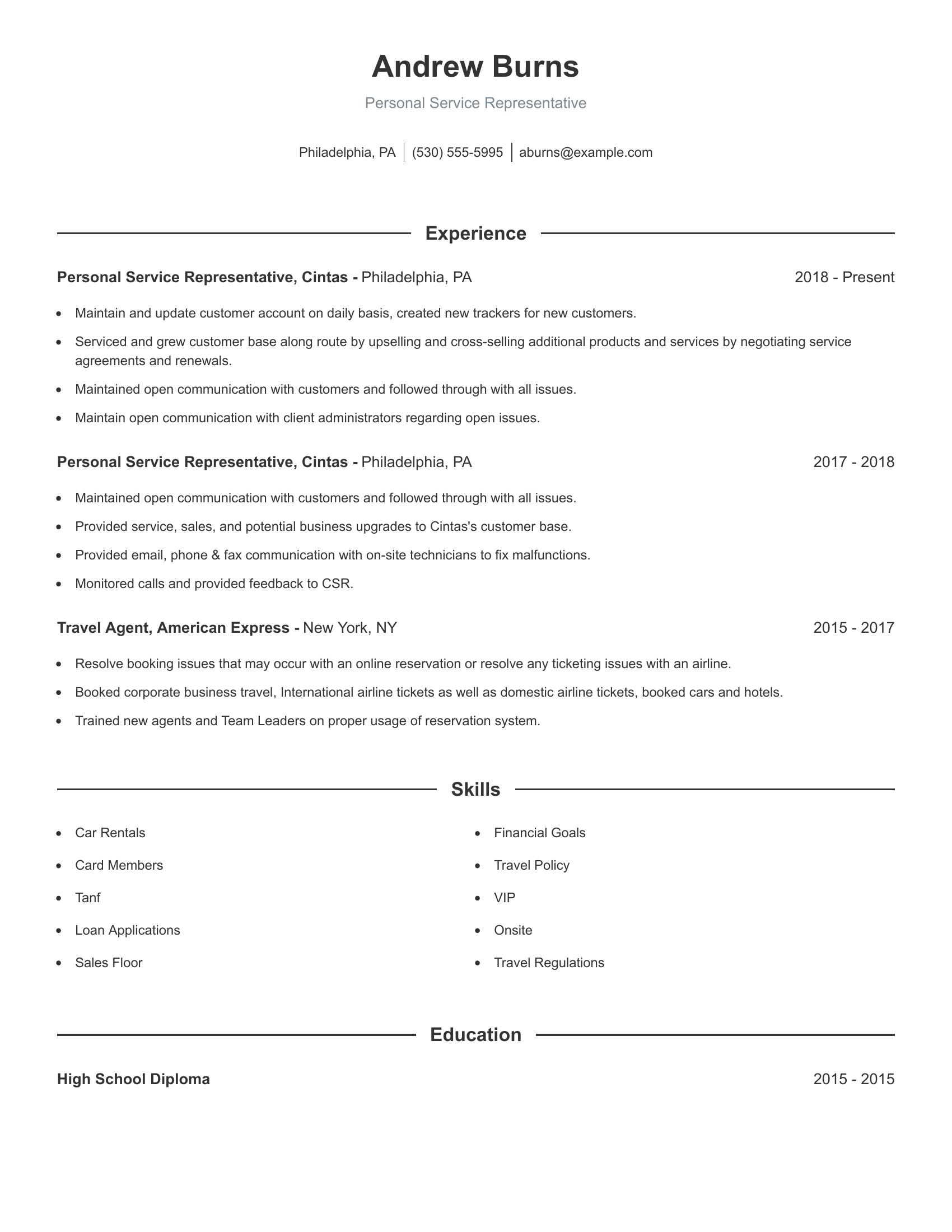 Personal Service Representative resume example