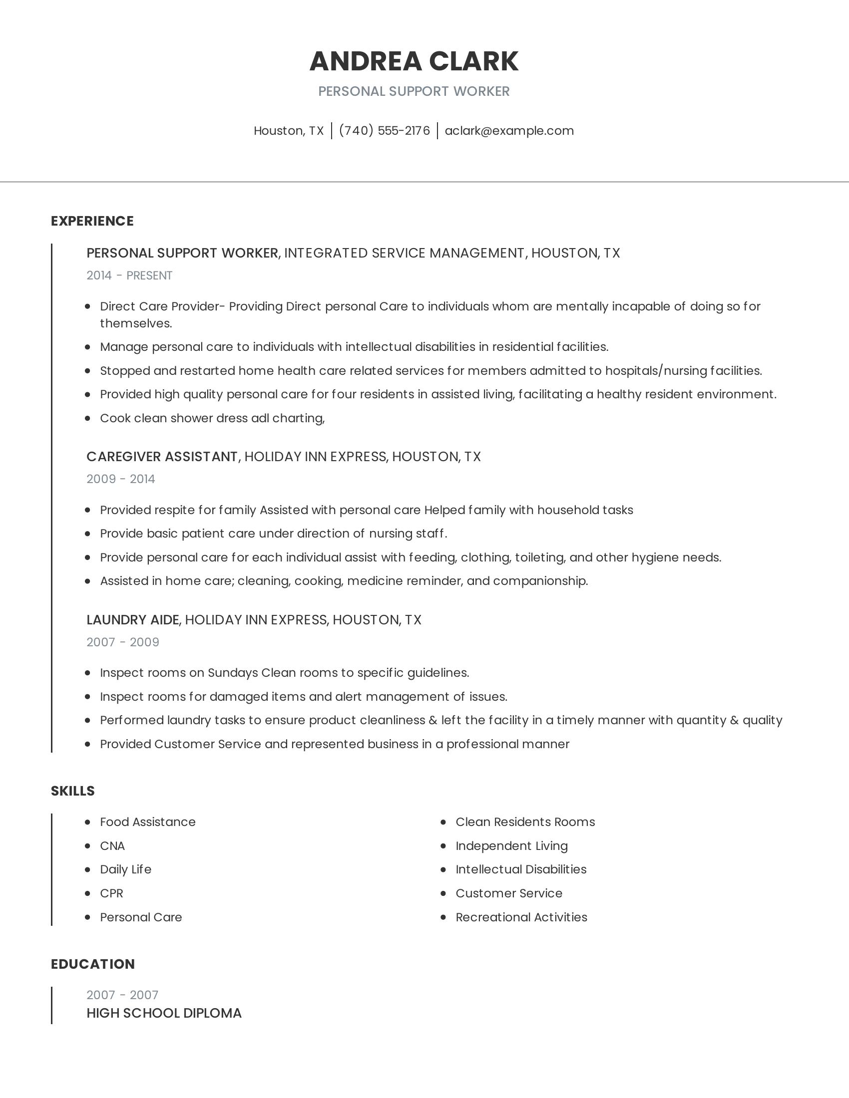 Personal Support Worker resume example