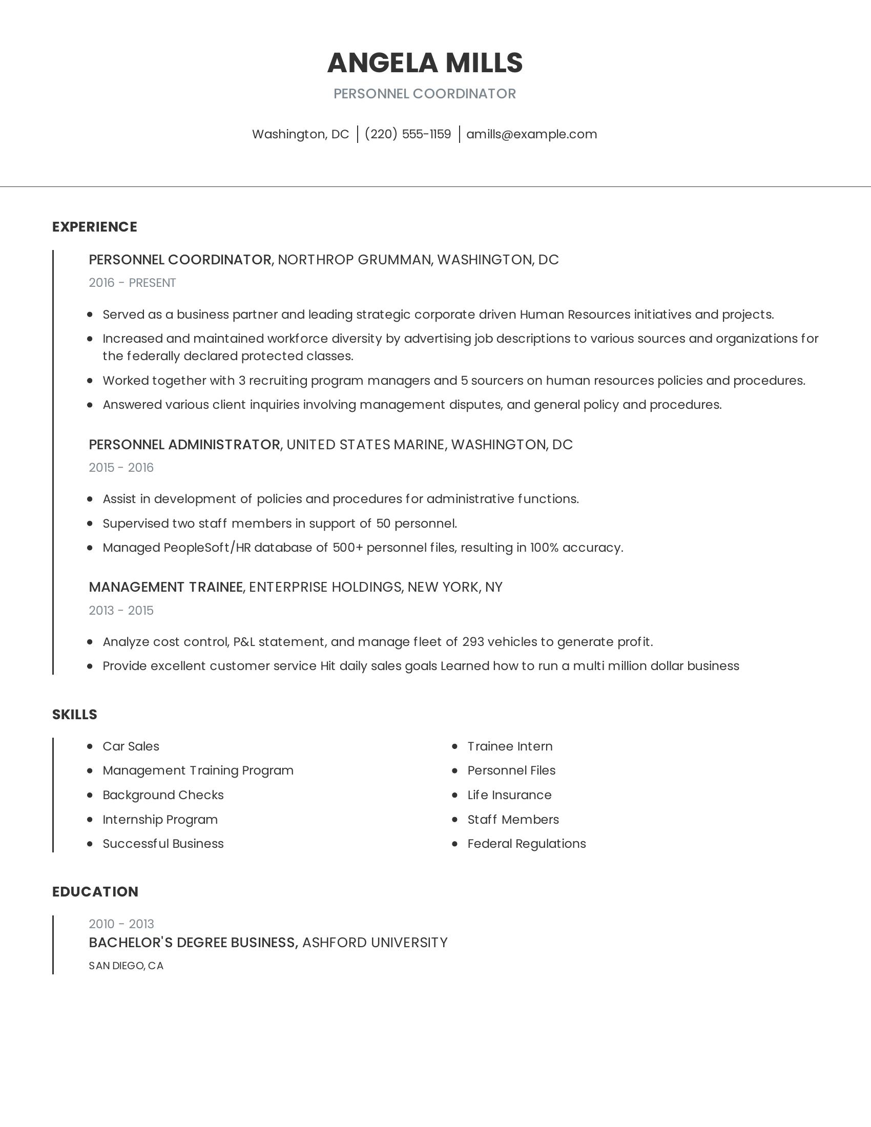 Personnel Coordinator resume example