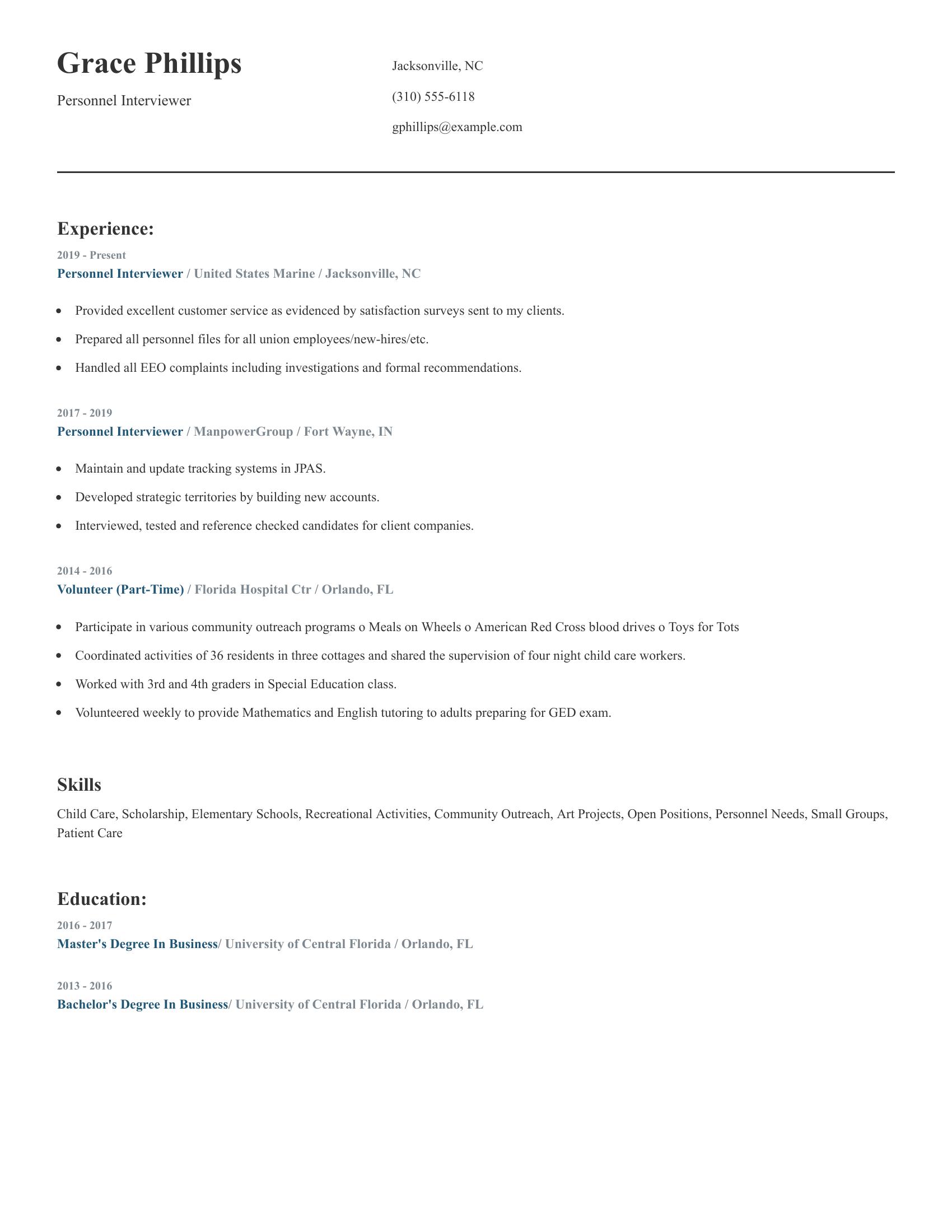 Personnel Interviewer resume example