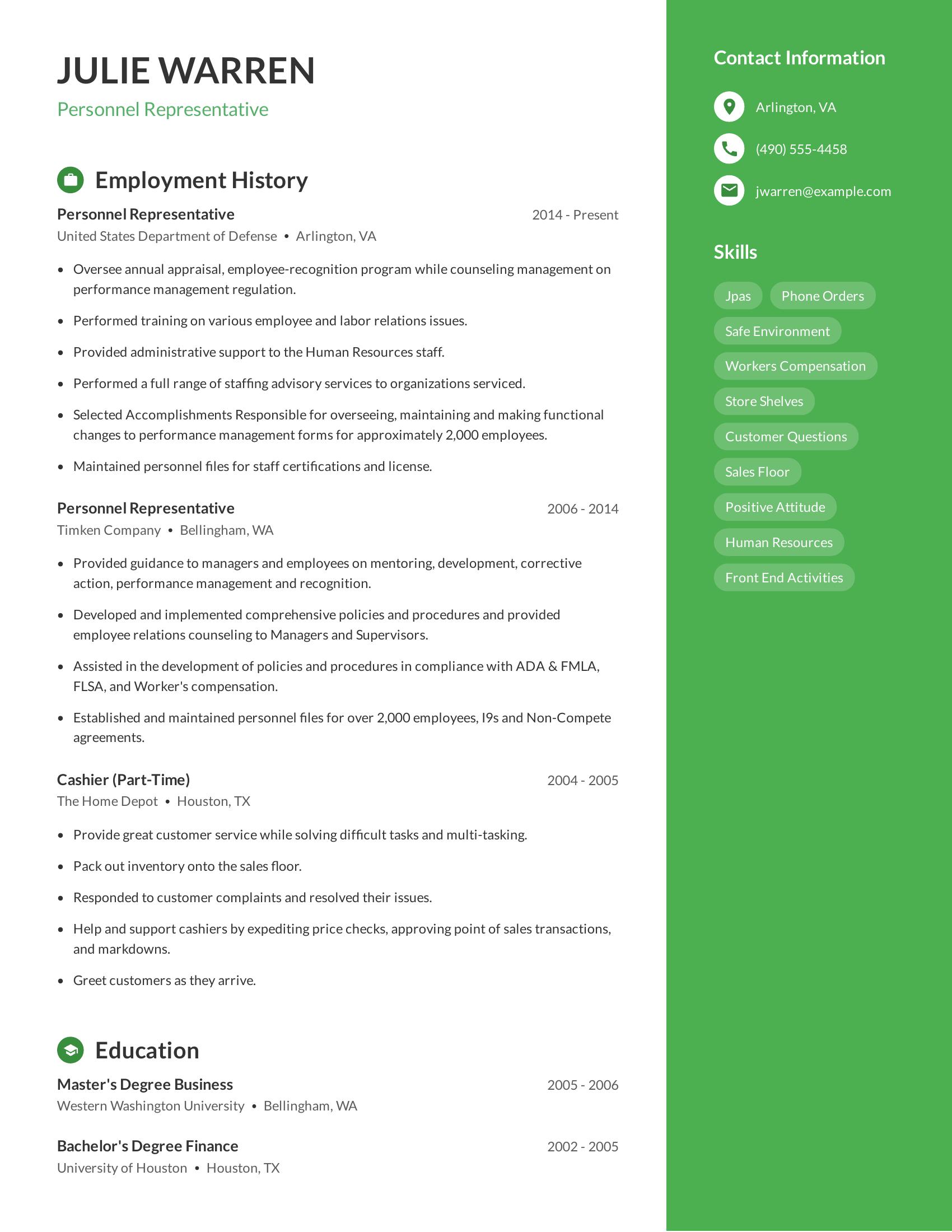 Personnel Representative resume example