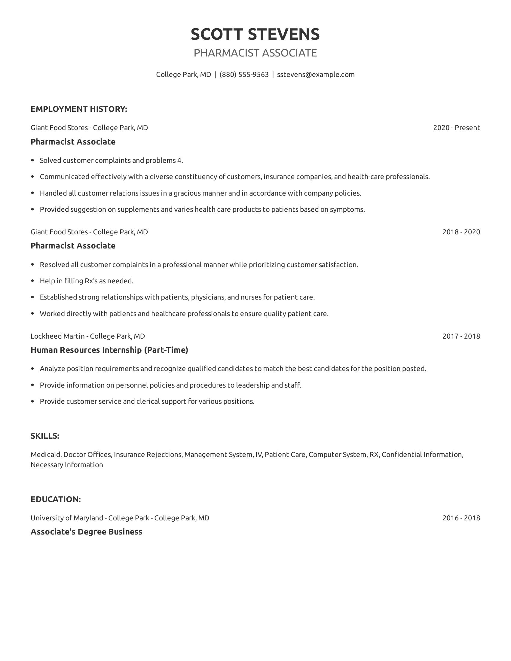 Pharmacist Associate resume example