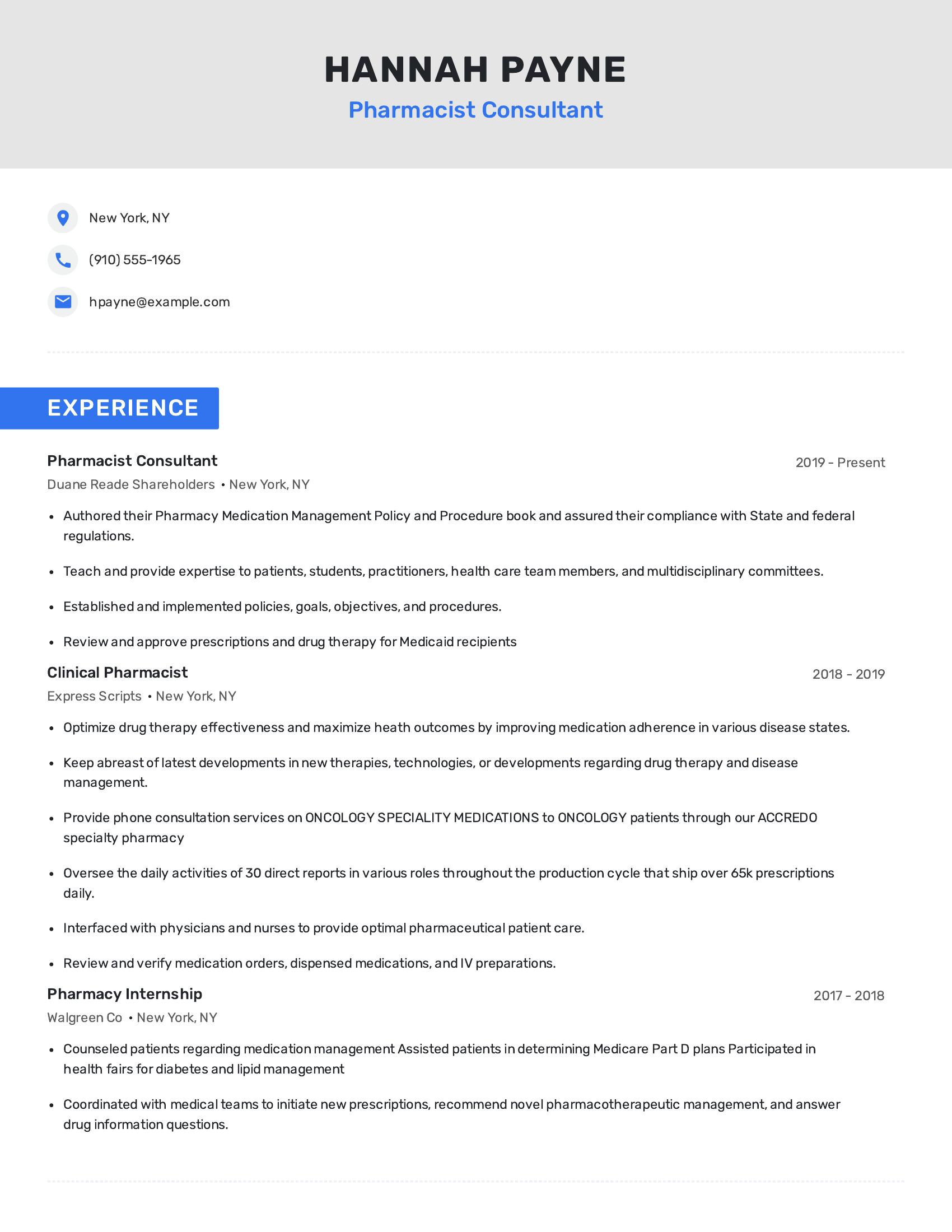 Pharmacist Consultant resume example