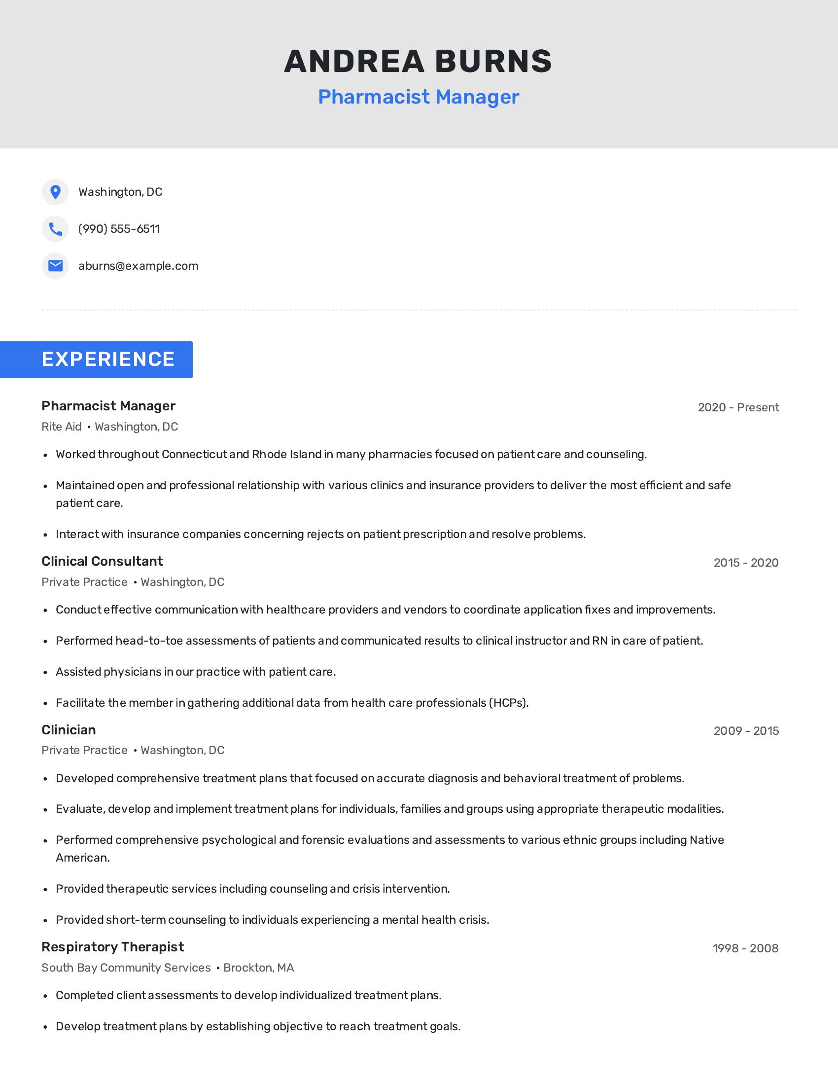 Pharmacist Manager resume example