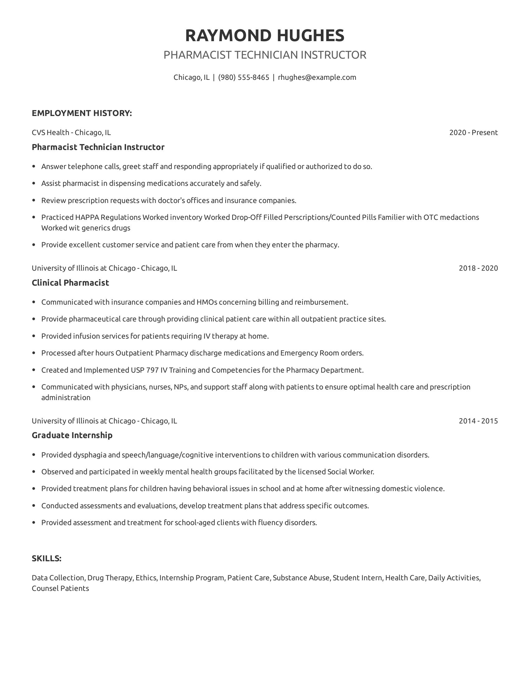 Pharmacist Technician Instructor resume example