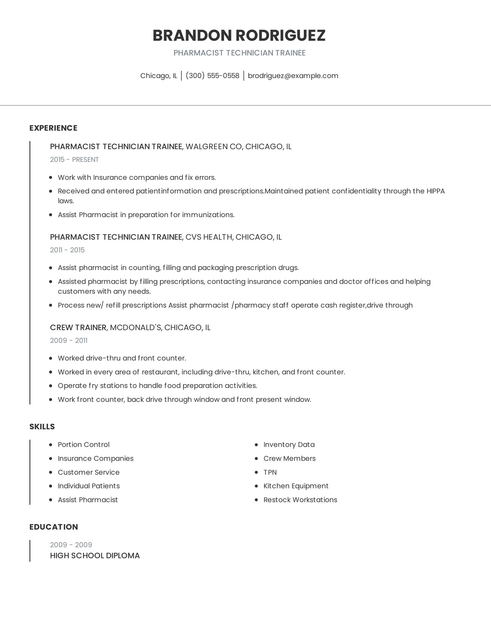 Pharmacist Technician Trainee resume example