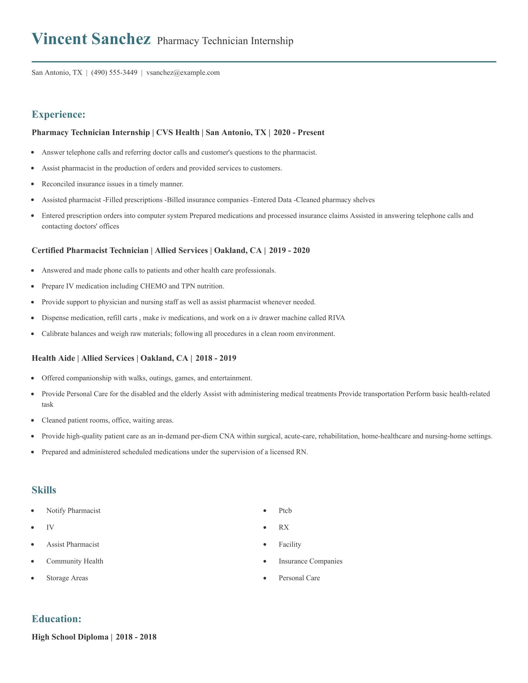 Pharmacy Technician Internship resume example