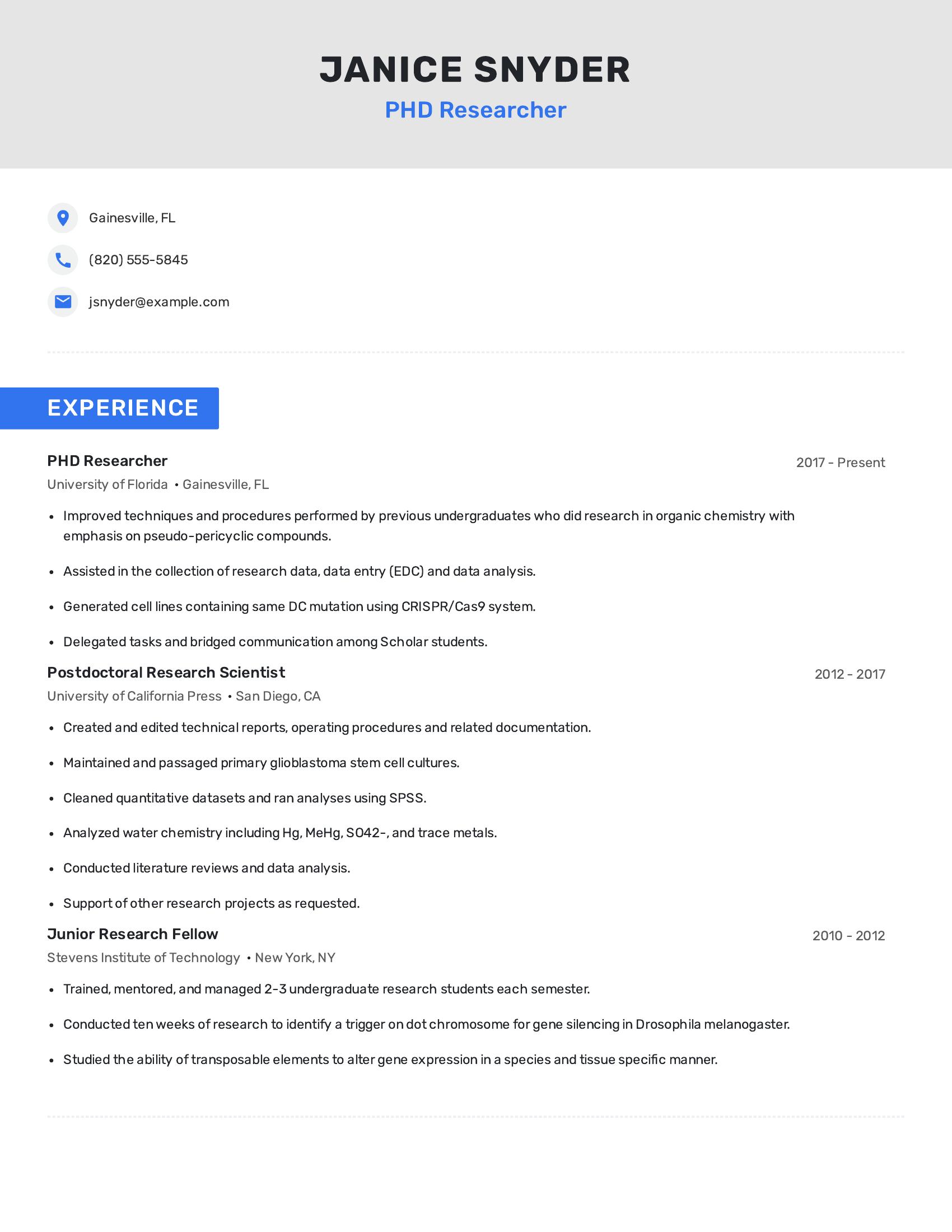 PHD Researcher resume example