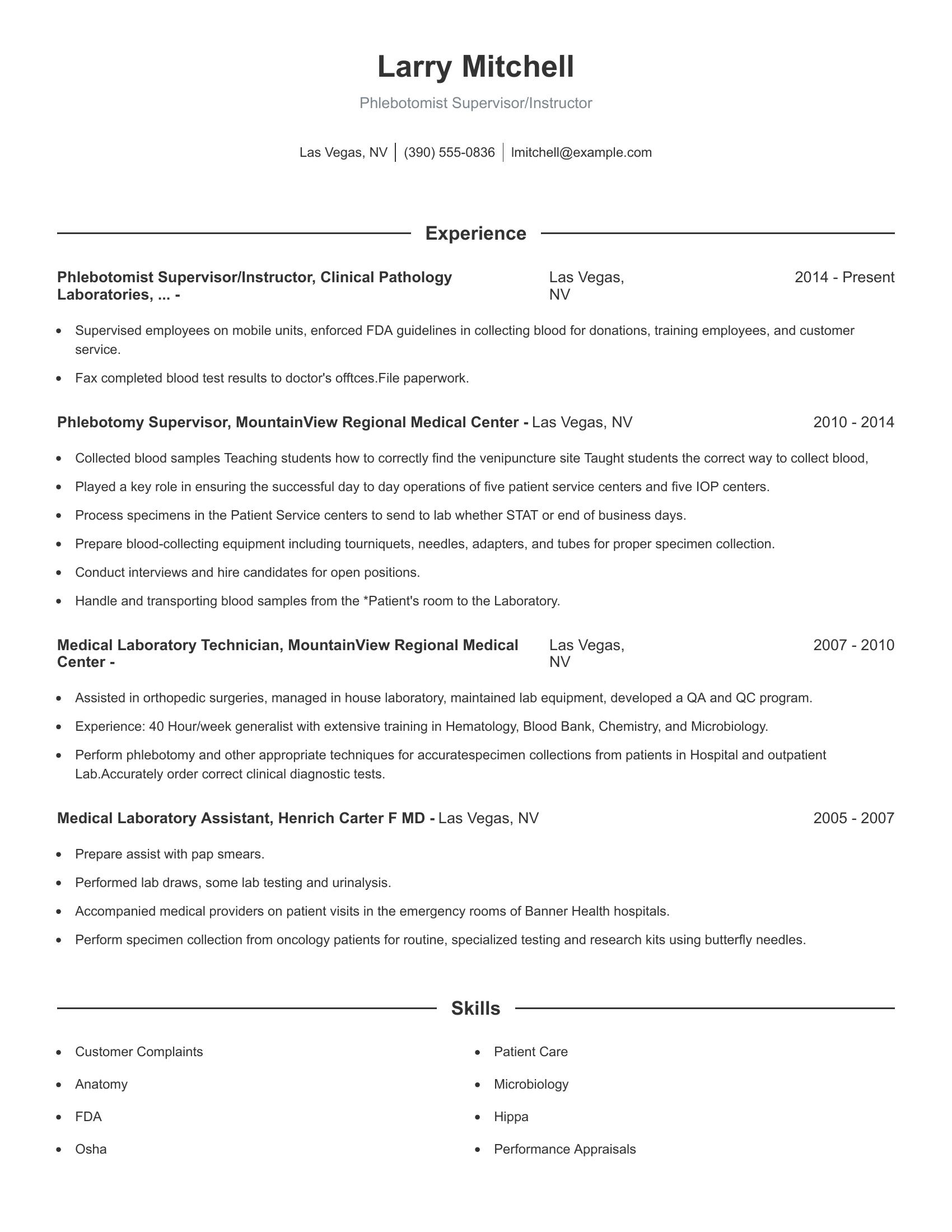 Phlebotomist Supervisor/Instructor resume example