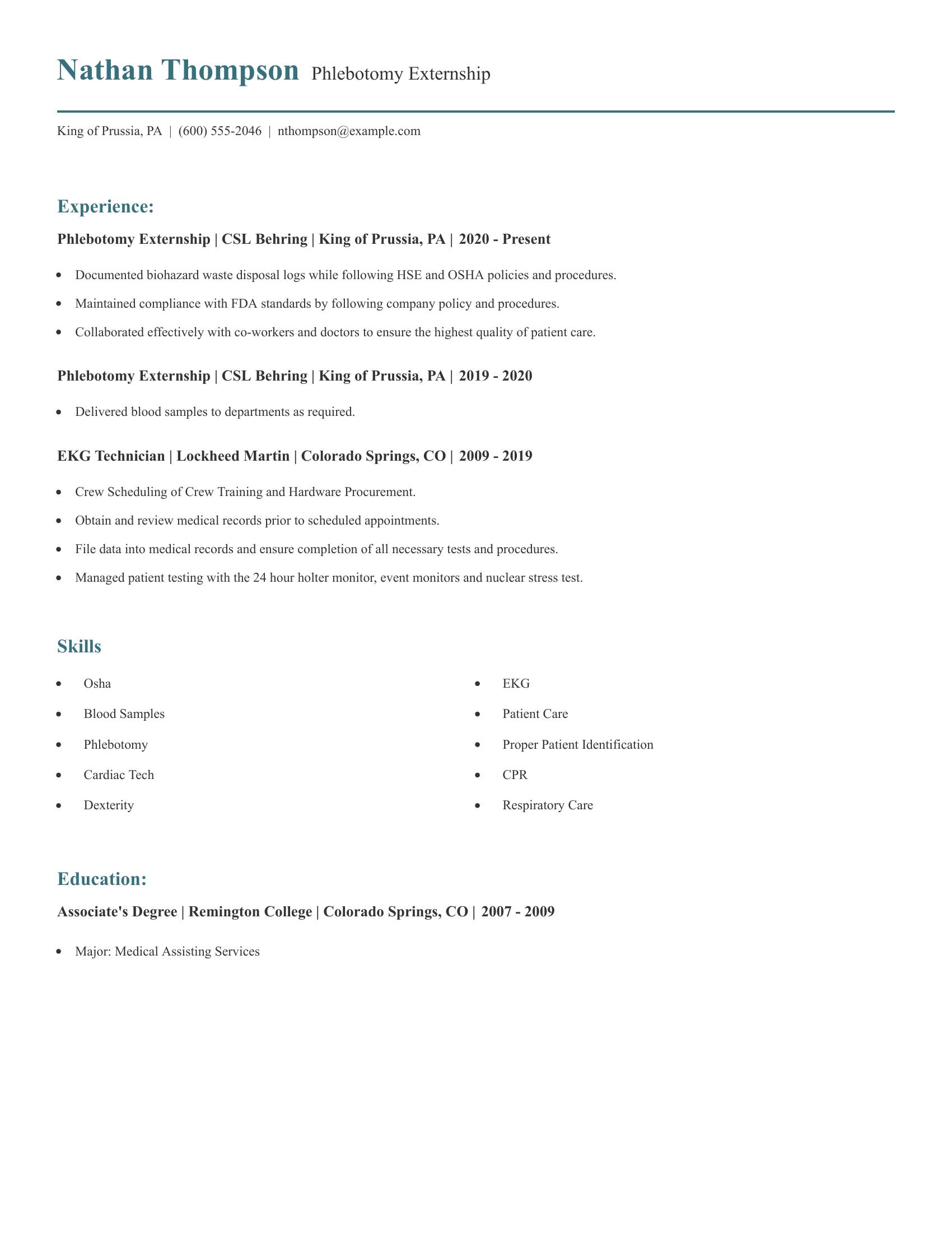 Phlebotomy Externship resume example