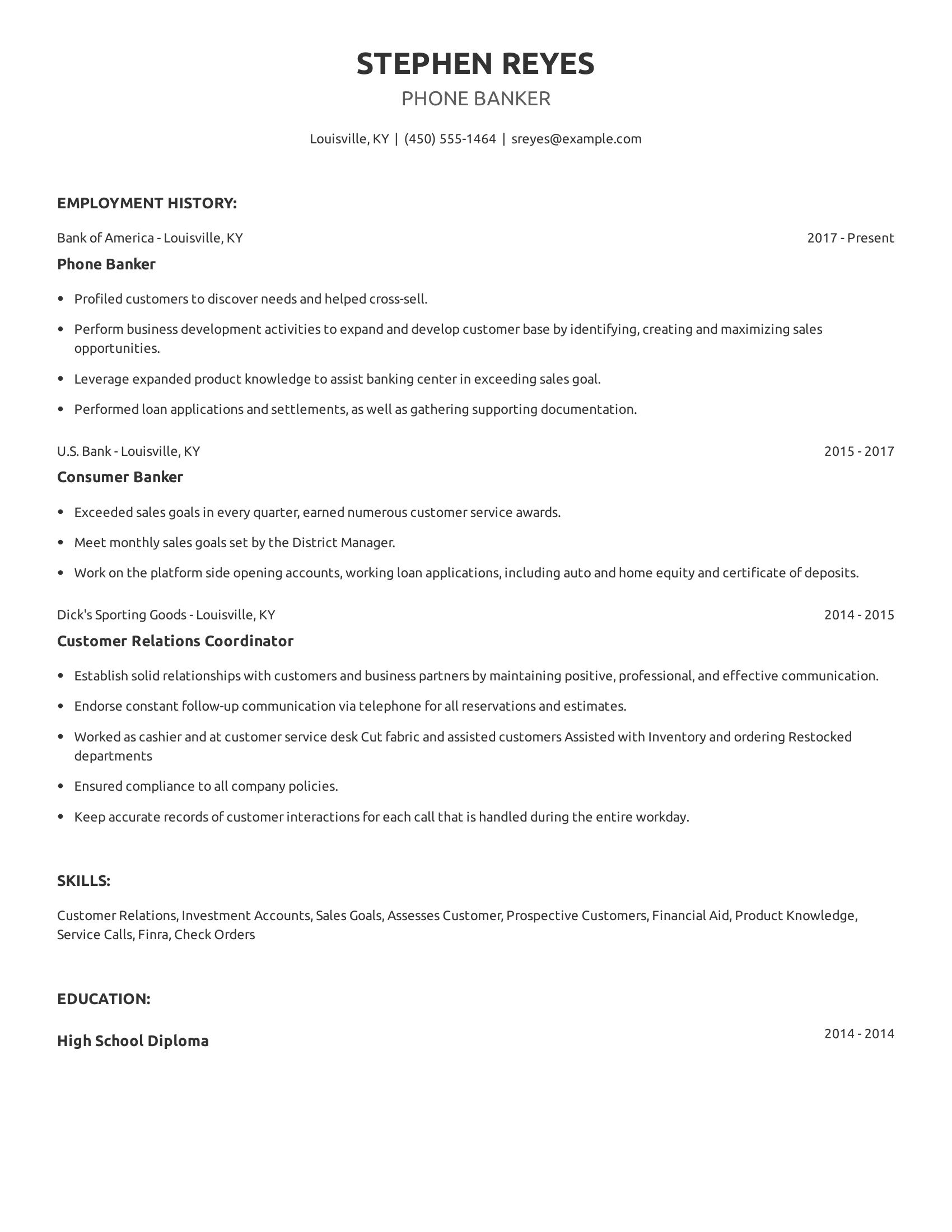 Phone Banker resume example