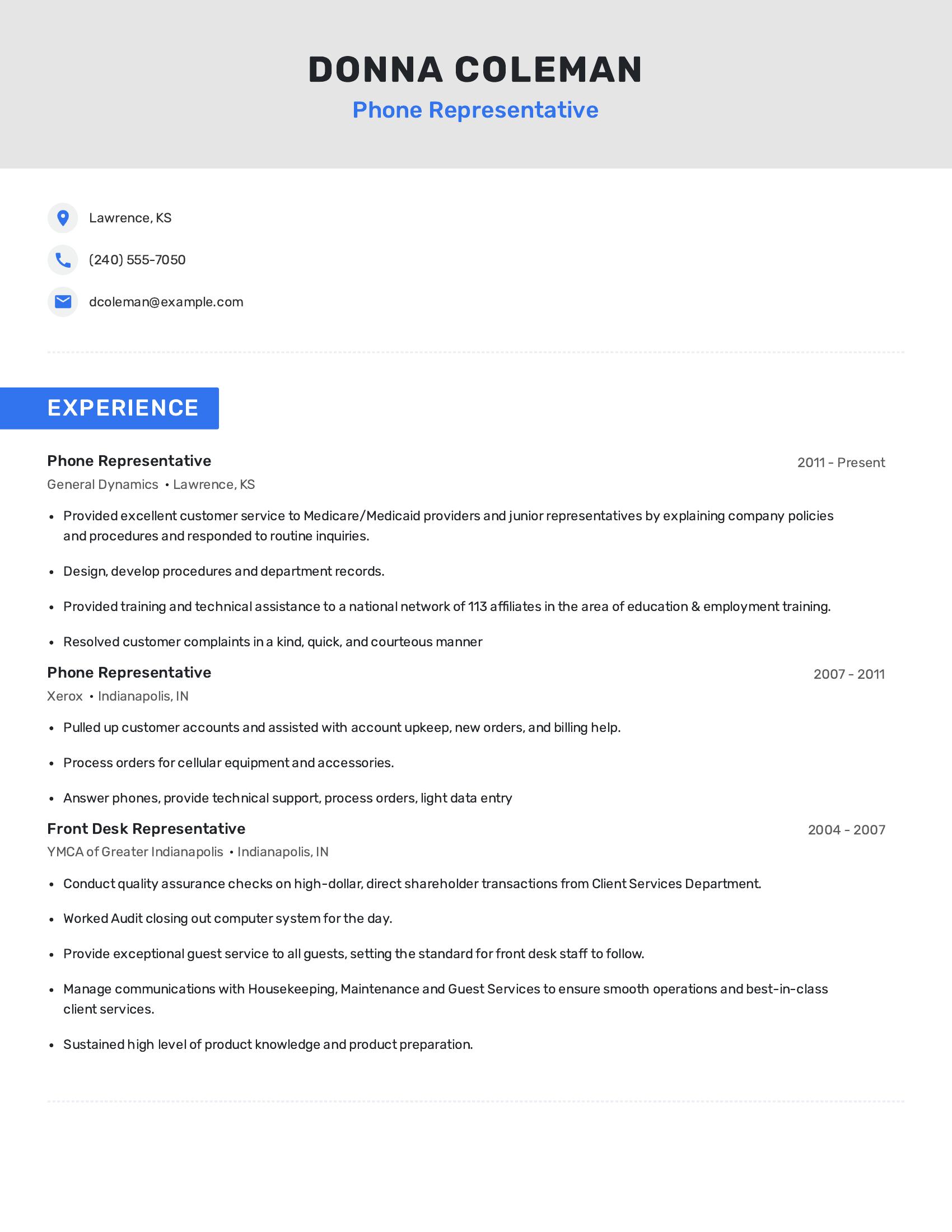 Phone Representative resume example