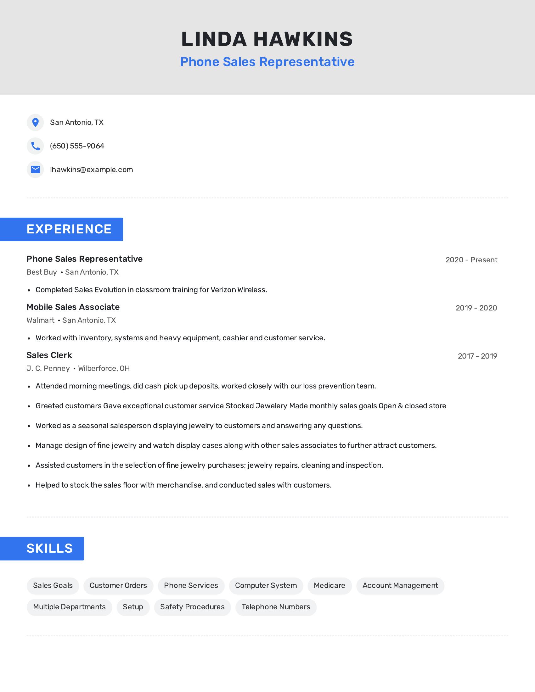 Phone Sales Representative resume example