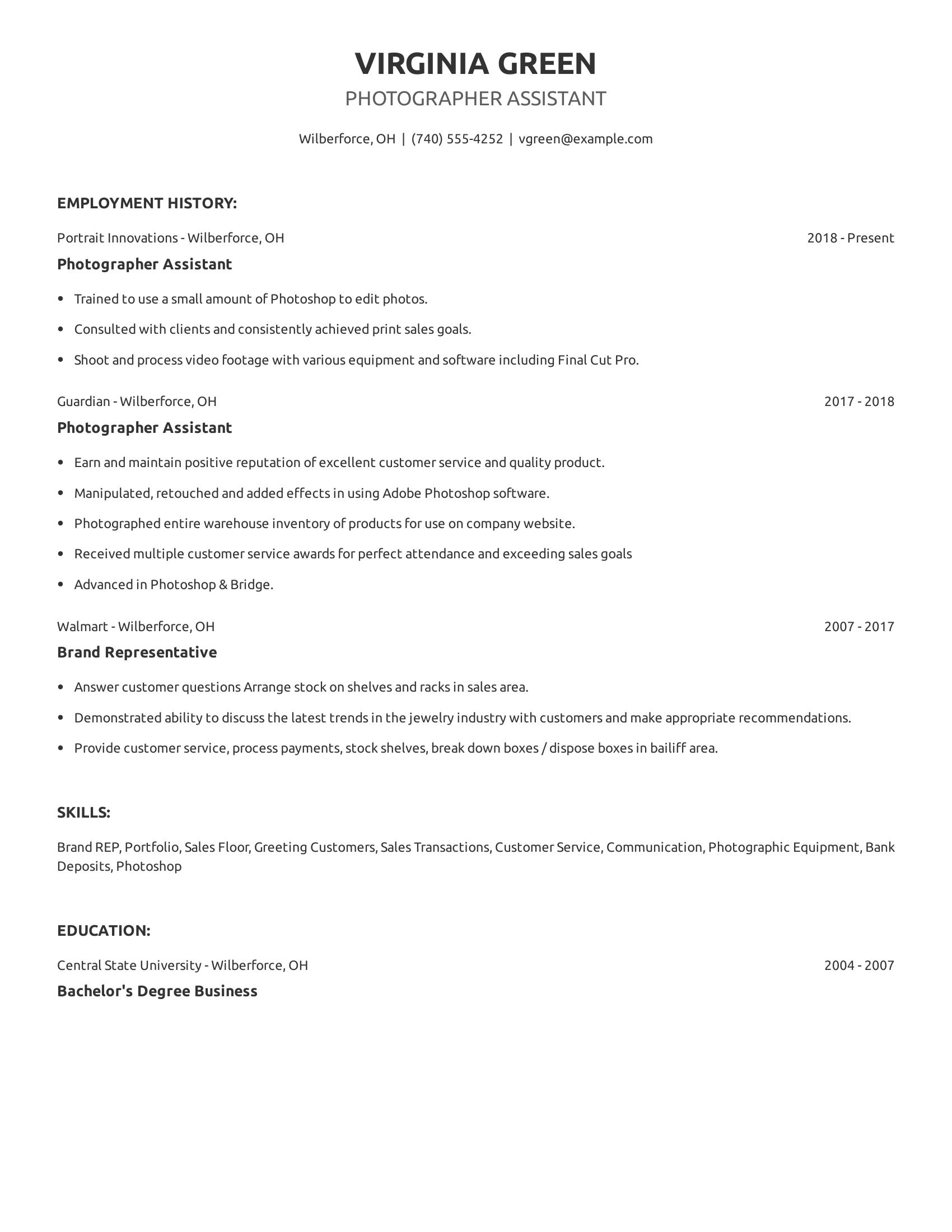 Photographer Assistant resume example