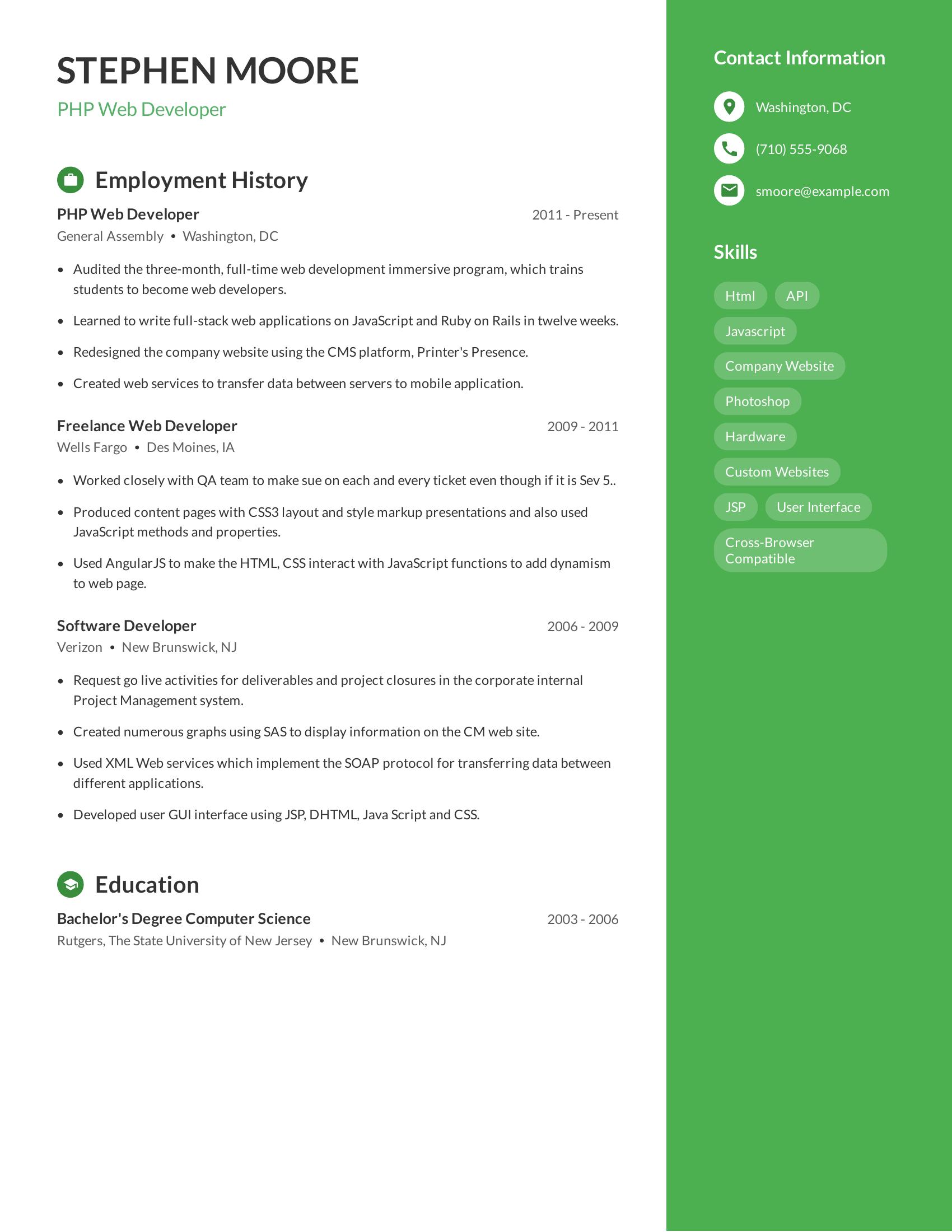 PHP Web Developer resume example