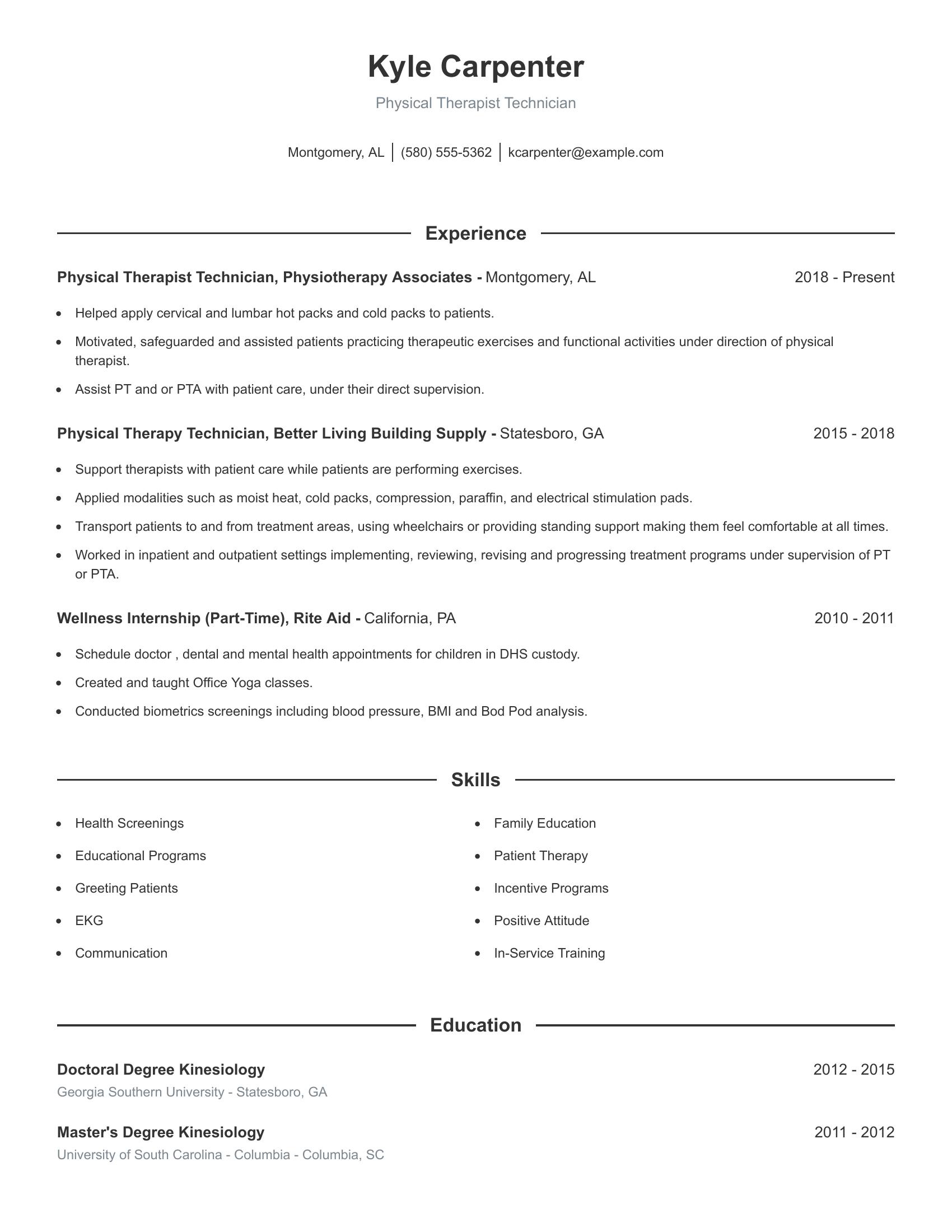 Physical Therapist Technician resume example