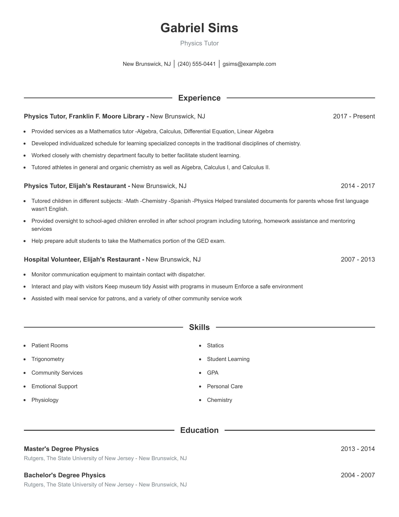 Physics Tutor resume example