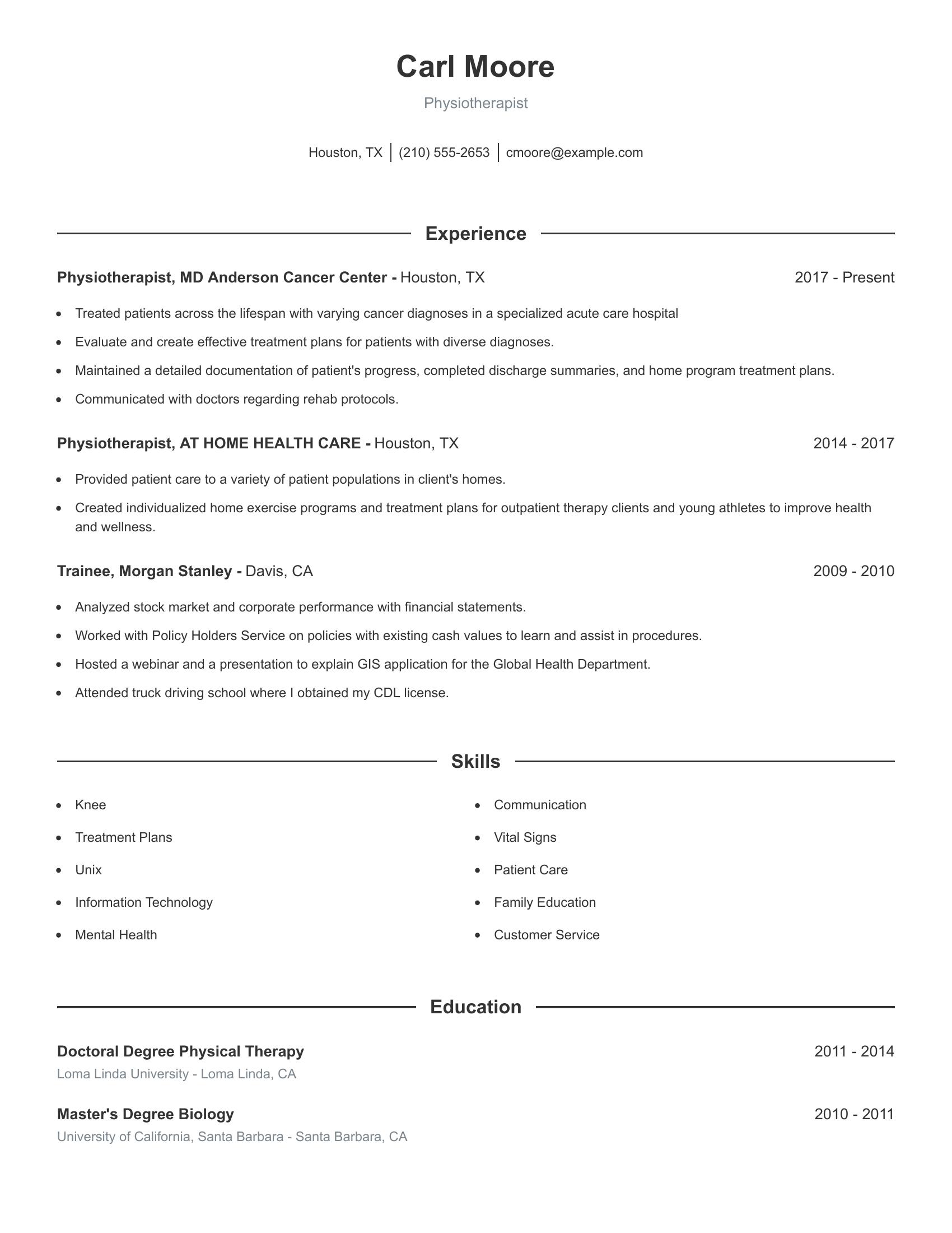 Physiotherapist resume example