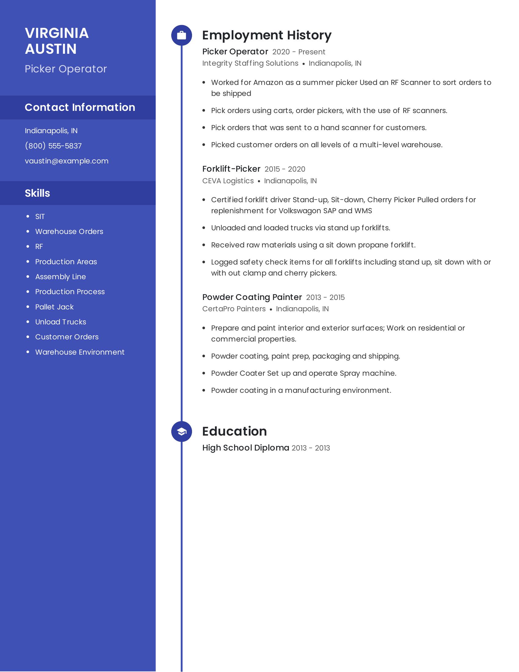 Picker Operator resume example