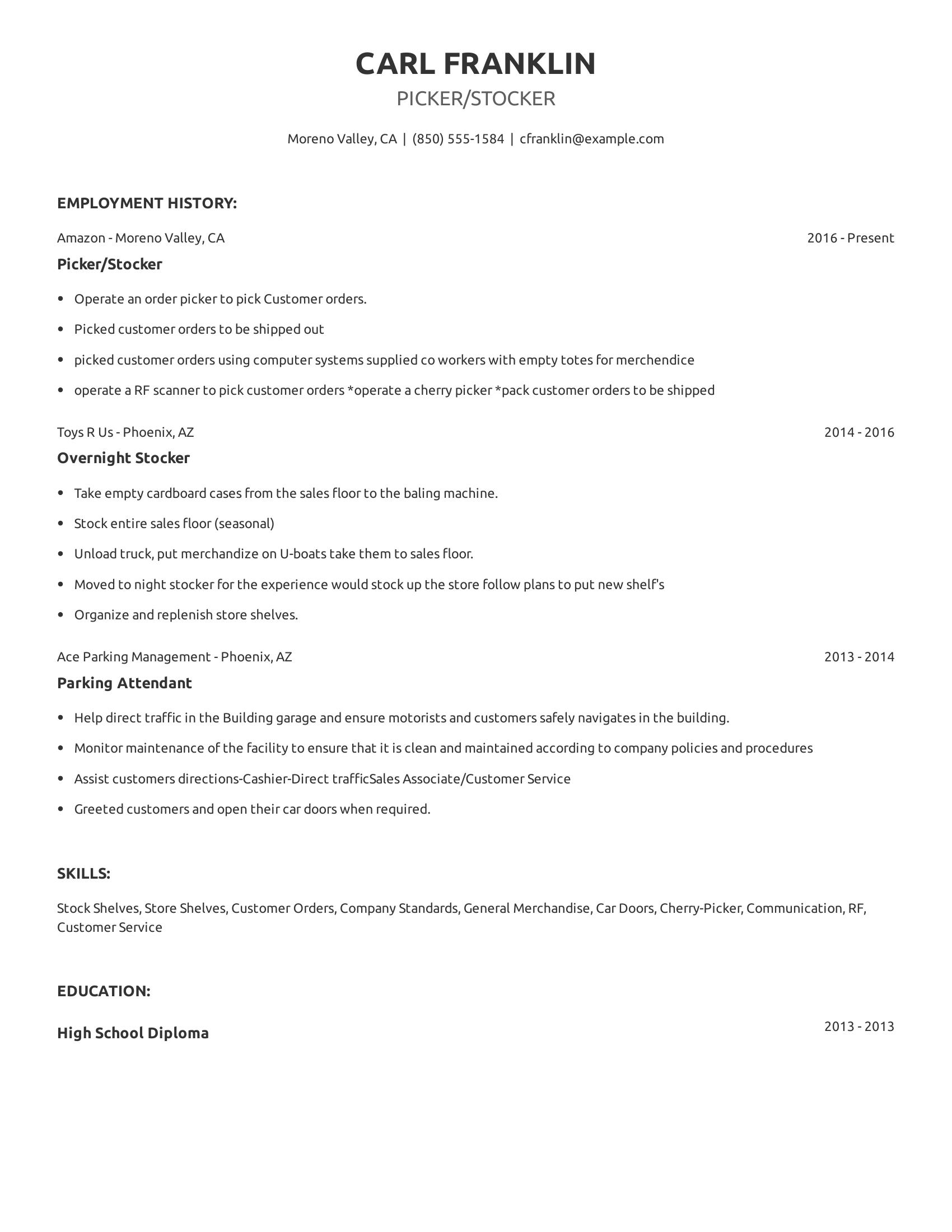 Picker/Stocker resume example