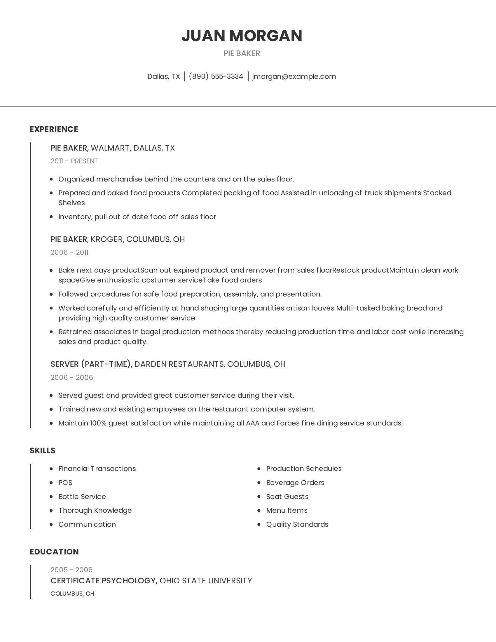 Pie Baker resume example