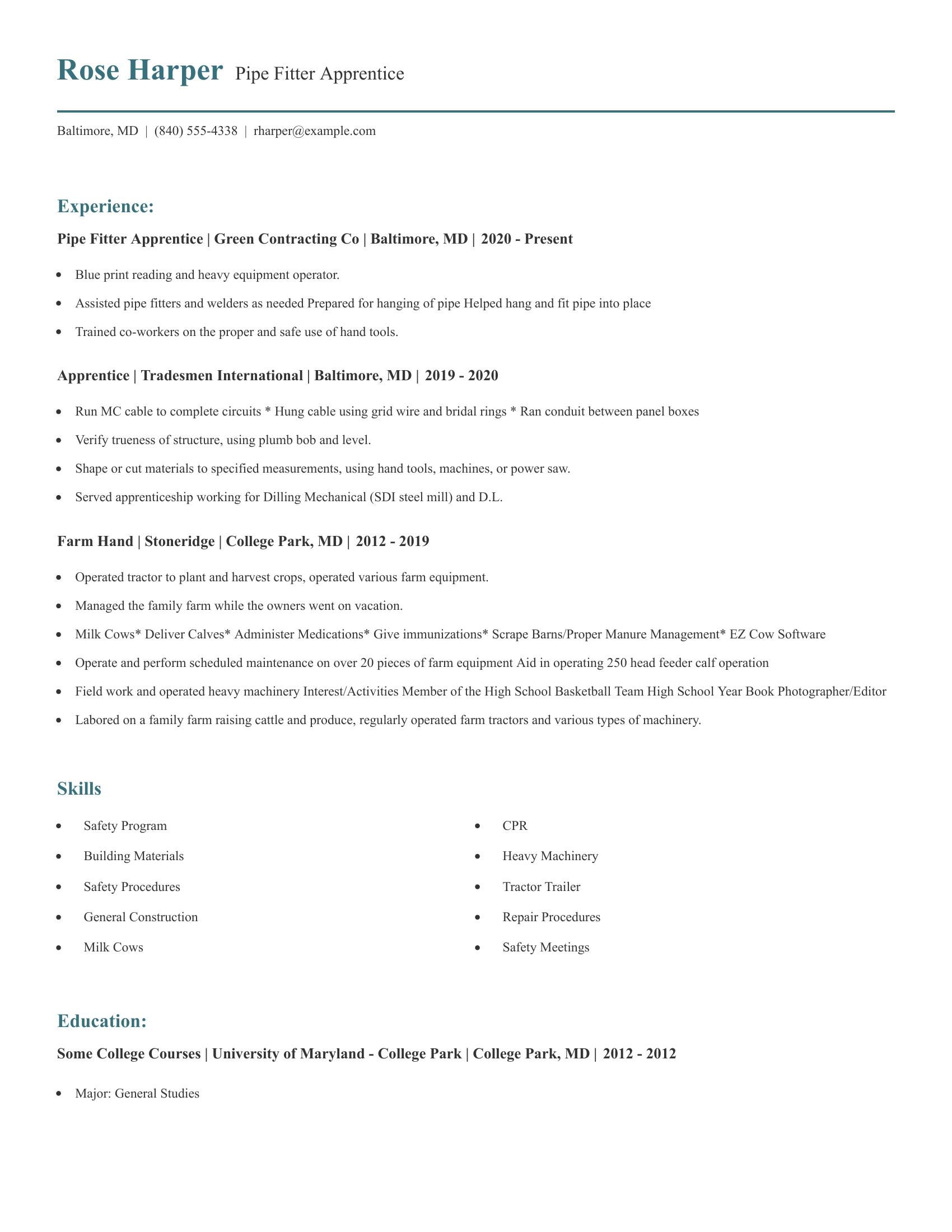 Pipe Fitter Apprentice resume example