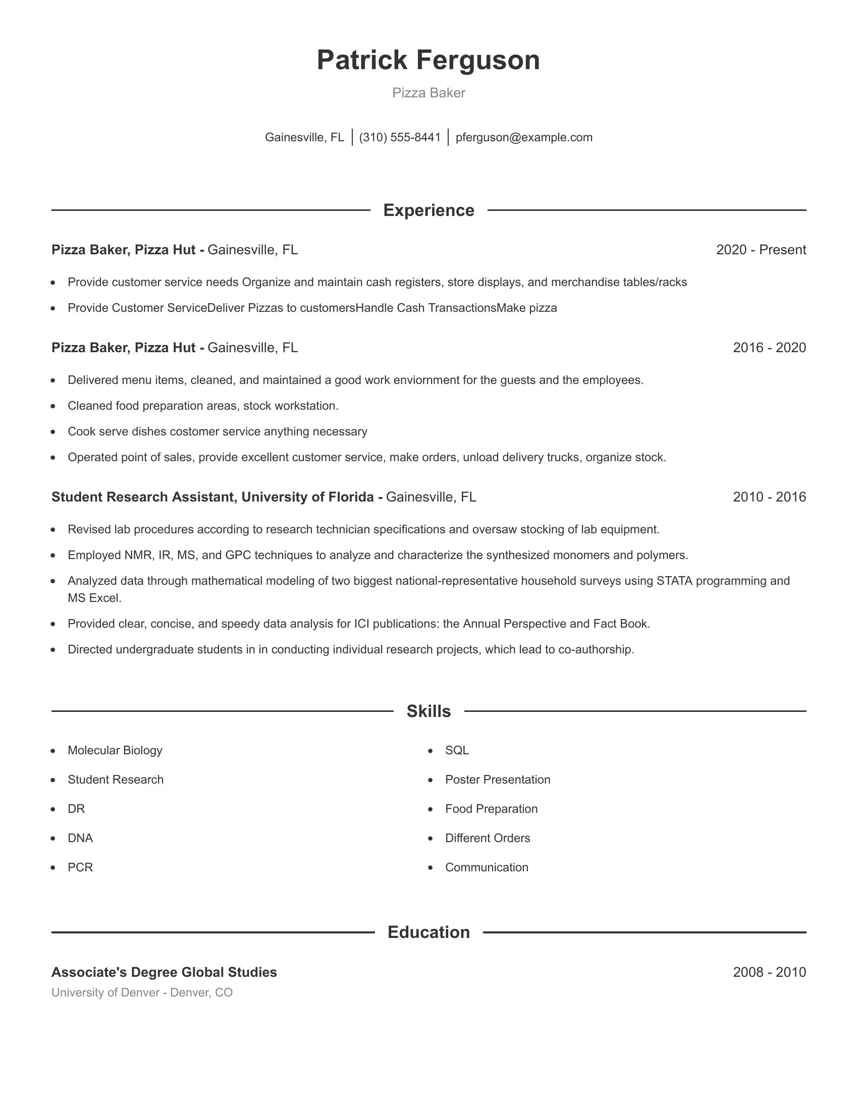 Pizza Baker resume example