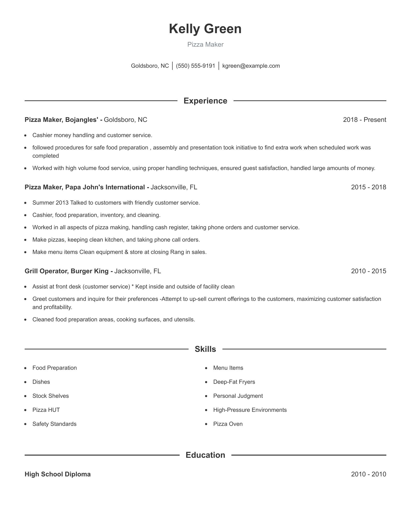 Pizza Maker resume example