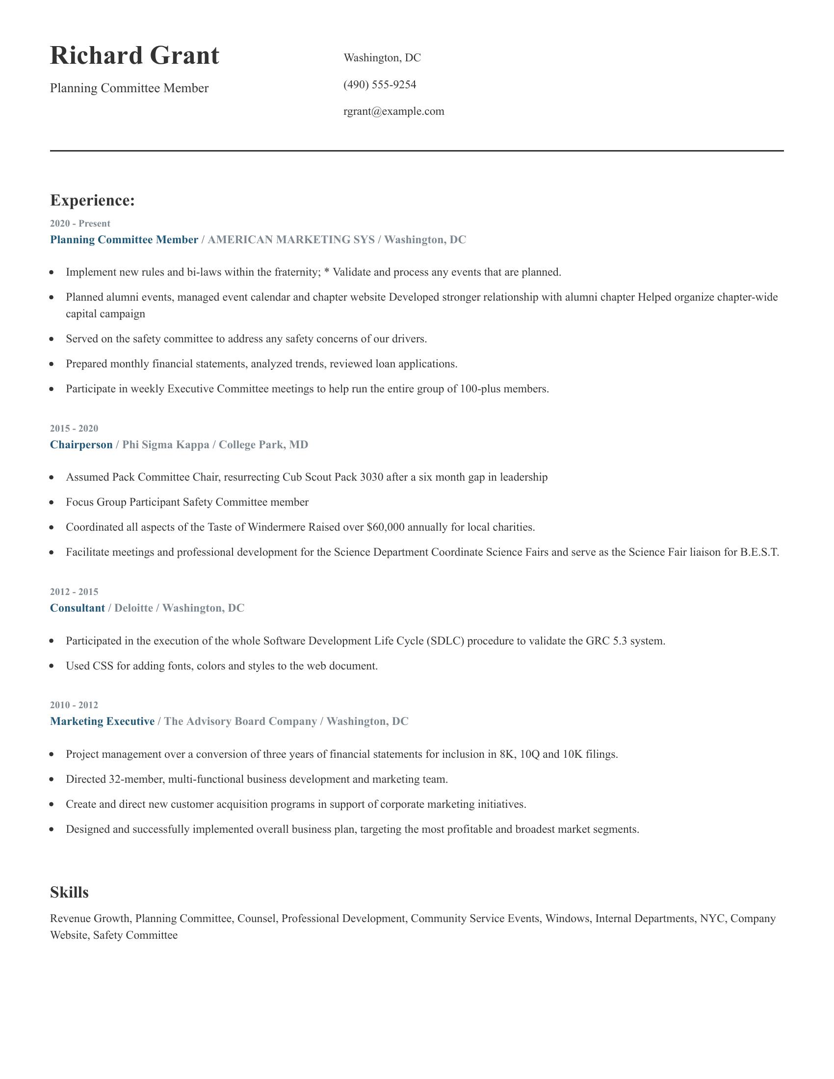 Planning Committee Member resume example