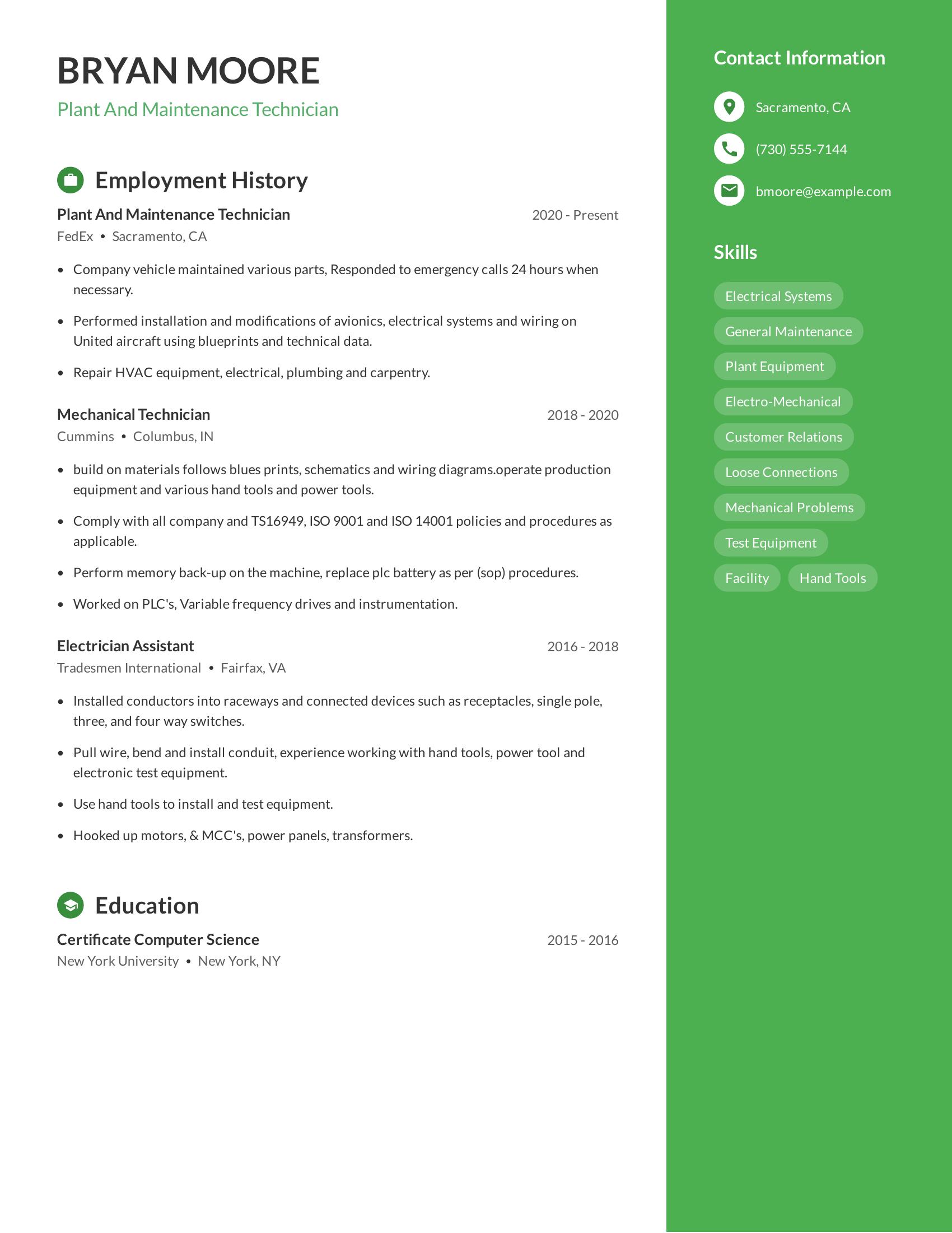 Plant And Maintenance Technician resume example