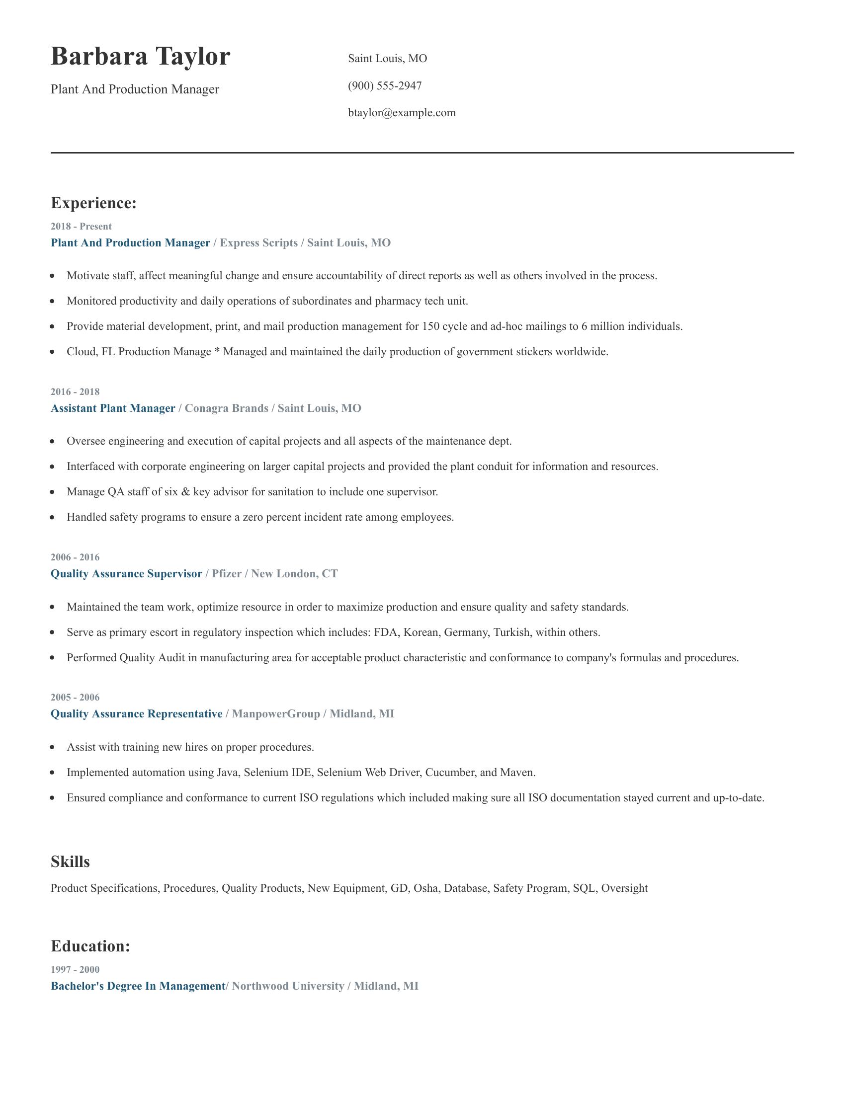 Plant And Production Manager resume example