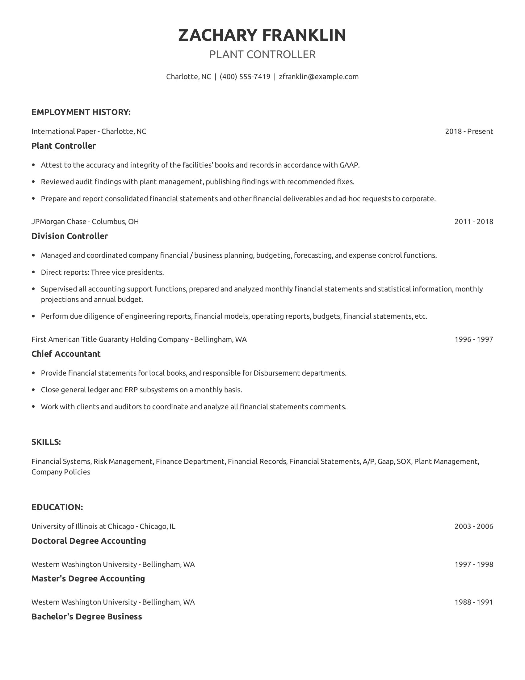 Plant Controller resume example