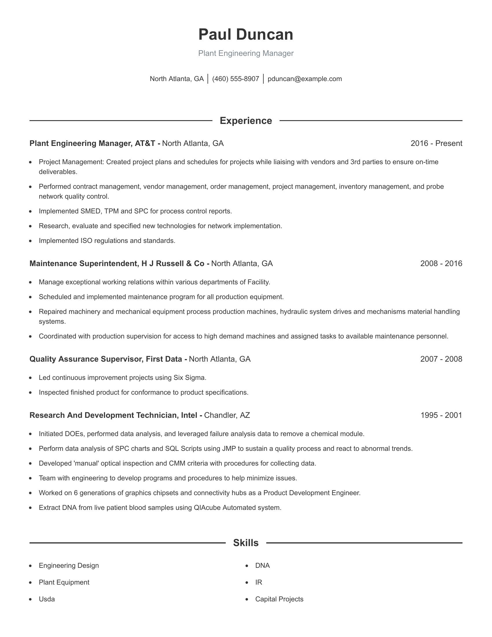 Plant Engineering Manager resume example