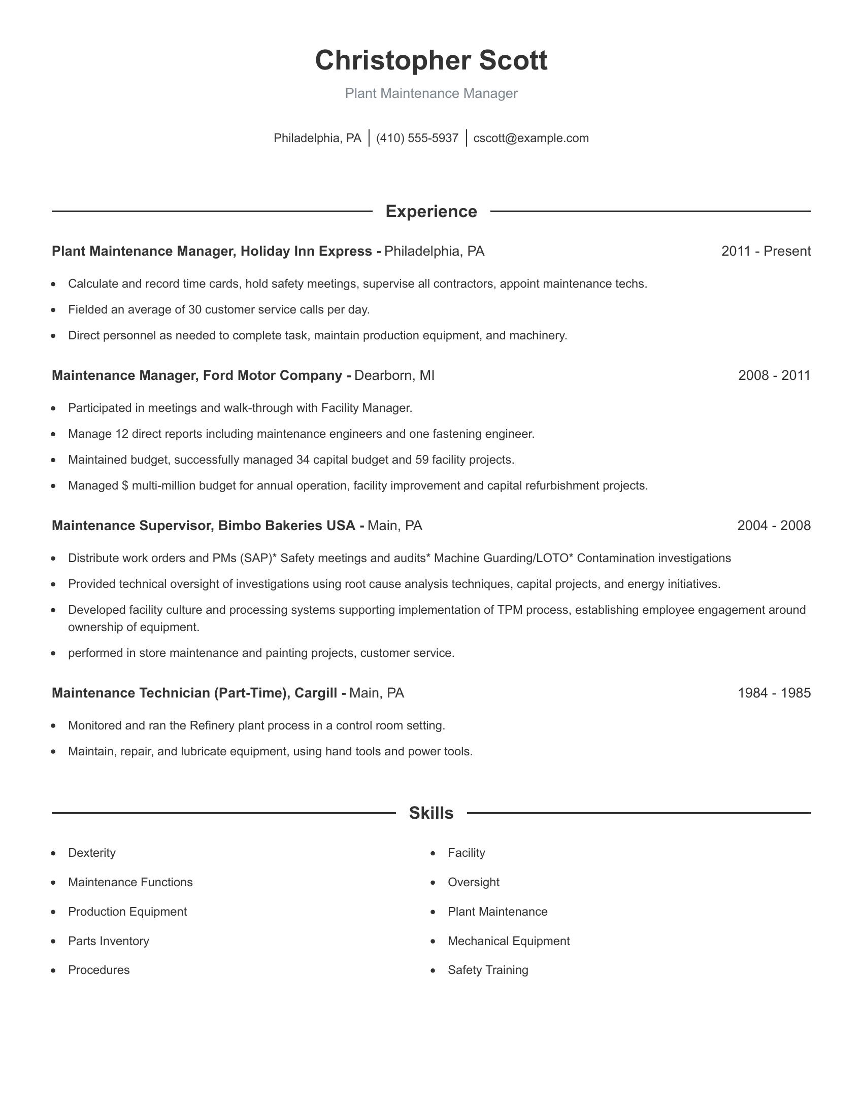 Plant Maintenance Manager resume example