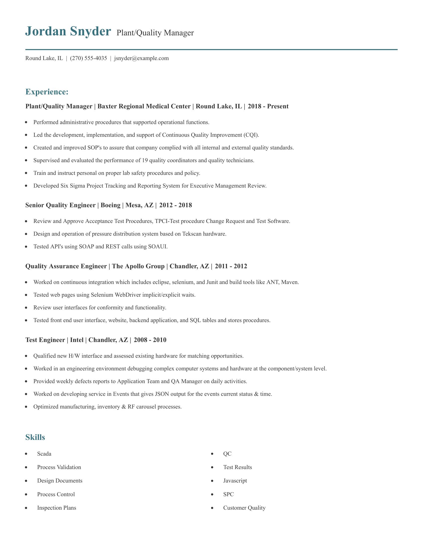 Plant/Quality Manager resume example