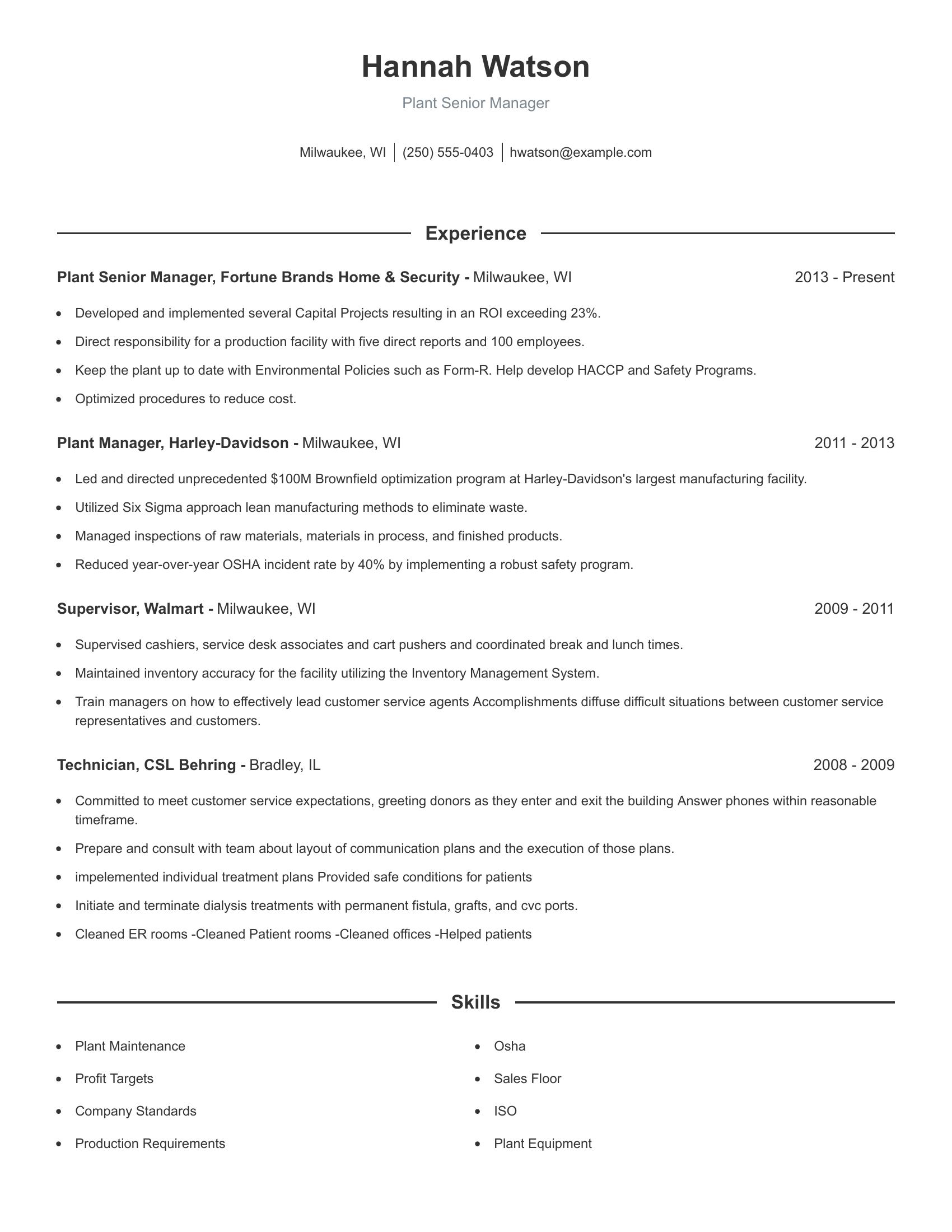 Plant Senior Manager resume example