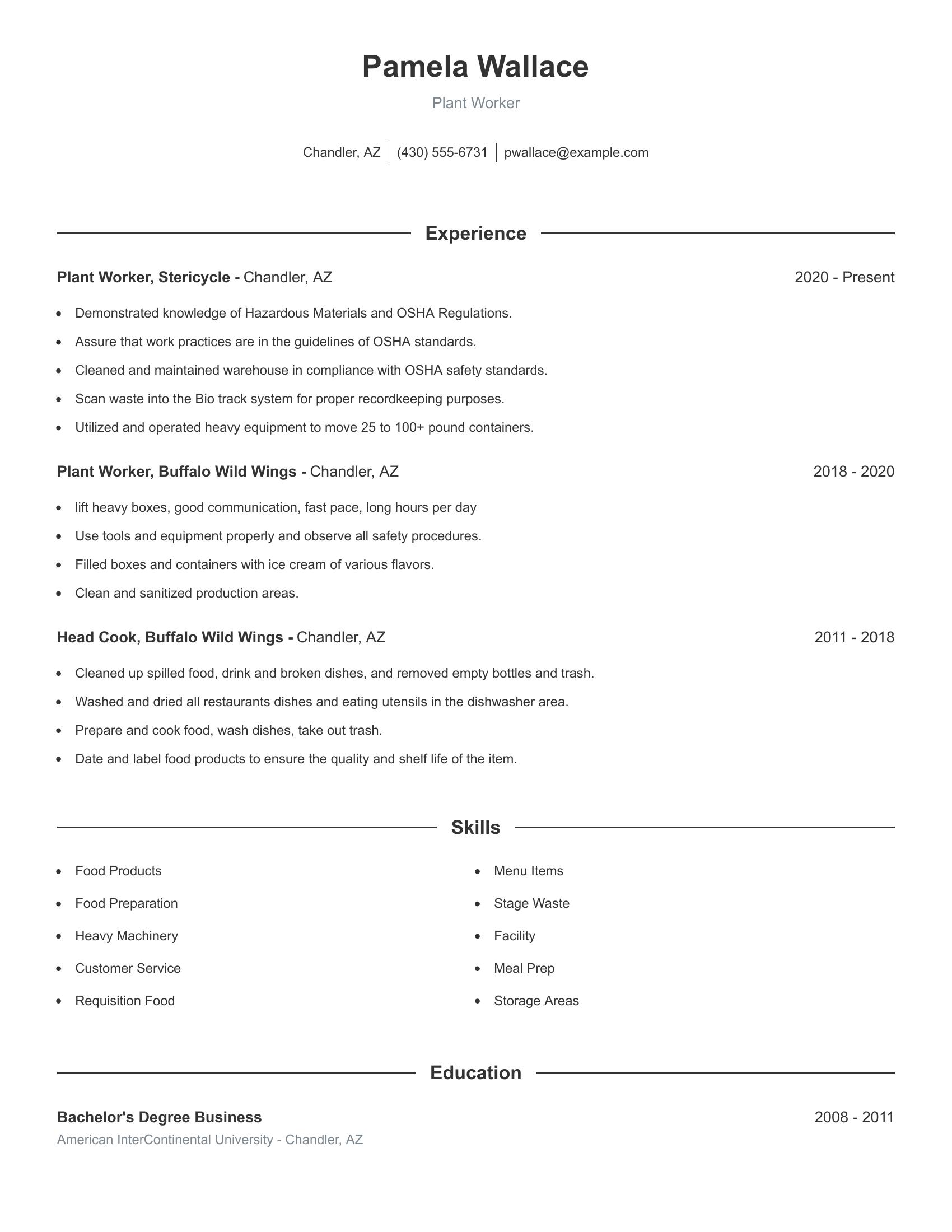 Plant Worker resume example