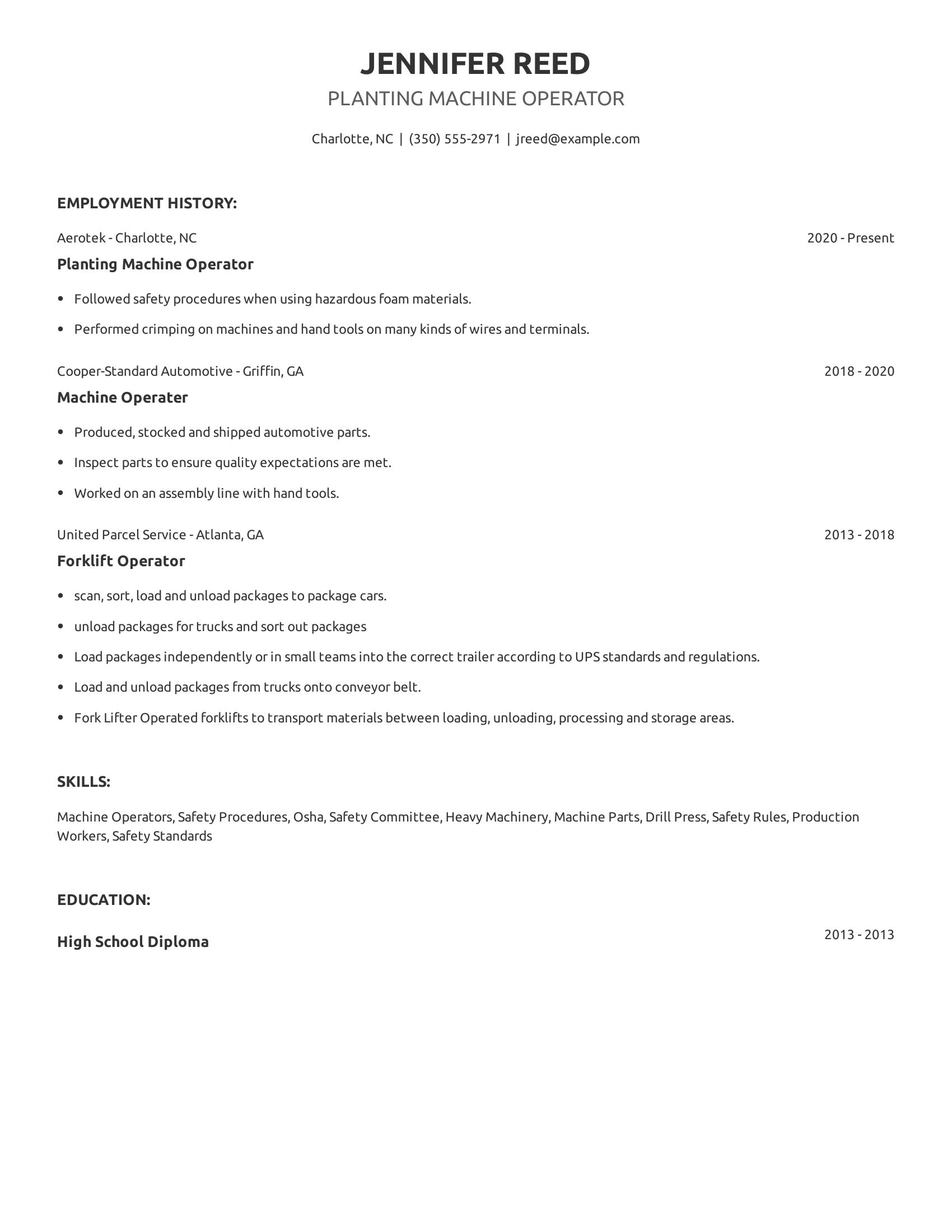 Planting Machine Operator resume example