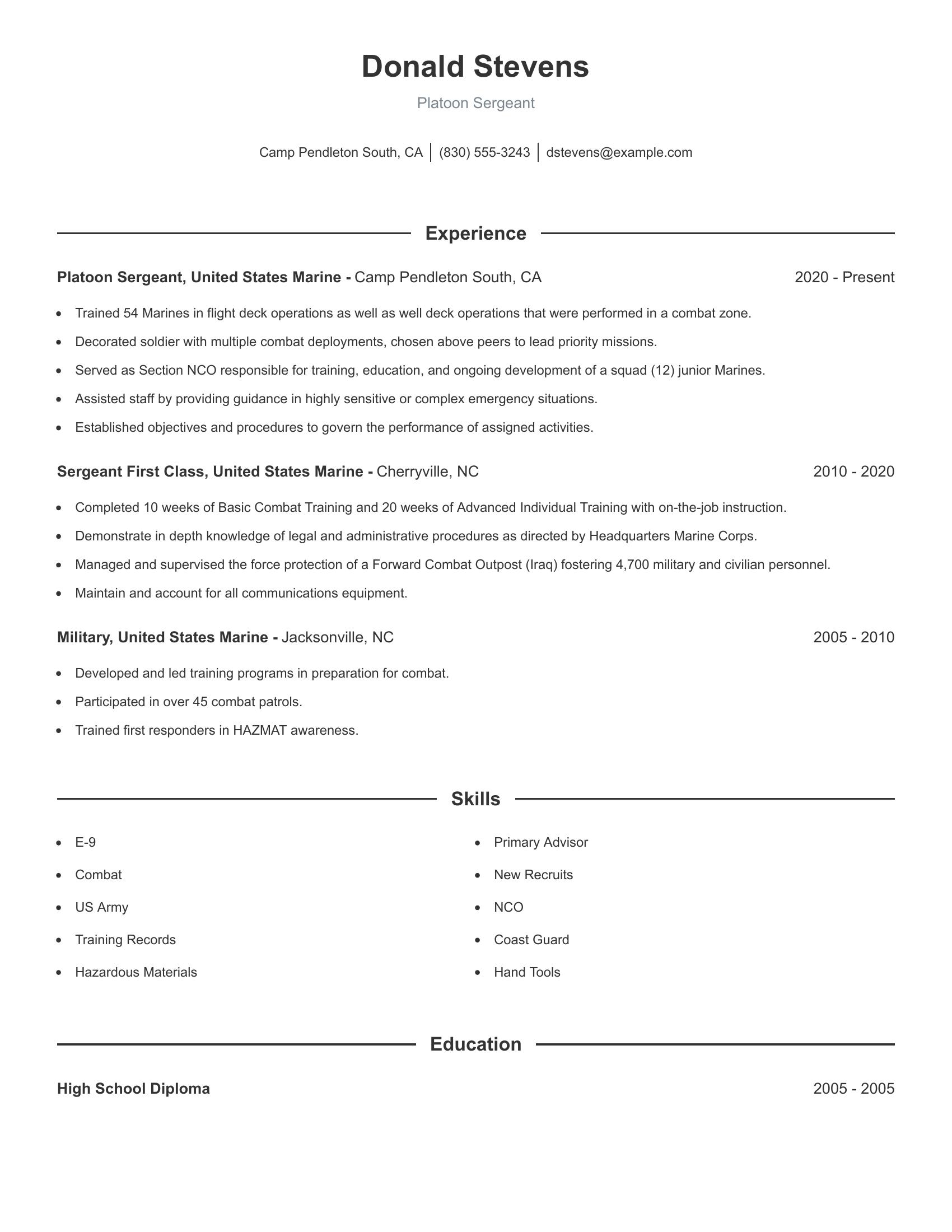 Platoon Sergeant resume example