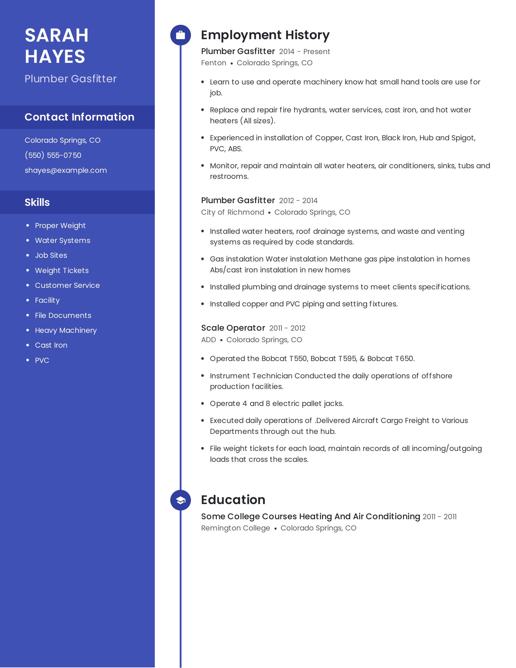 Plumber Gasfitter resume example