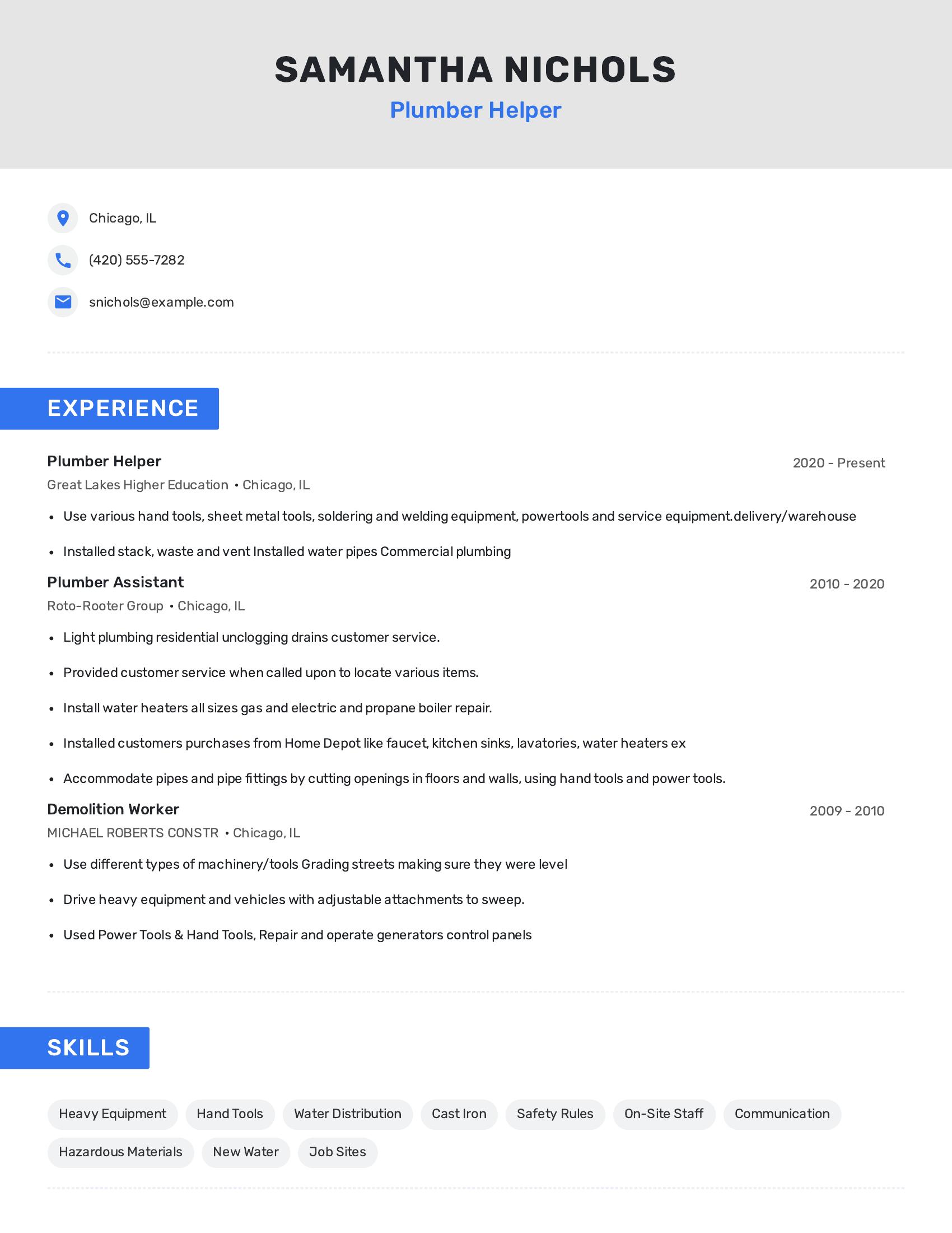 Plumber Helper resume example