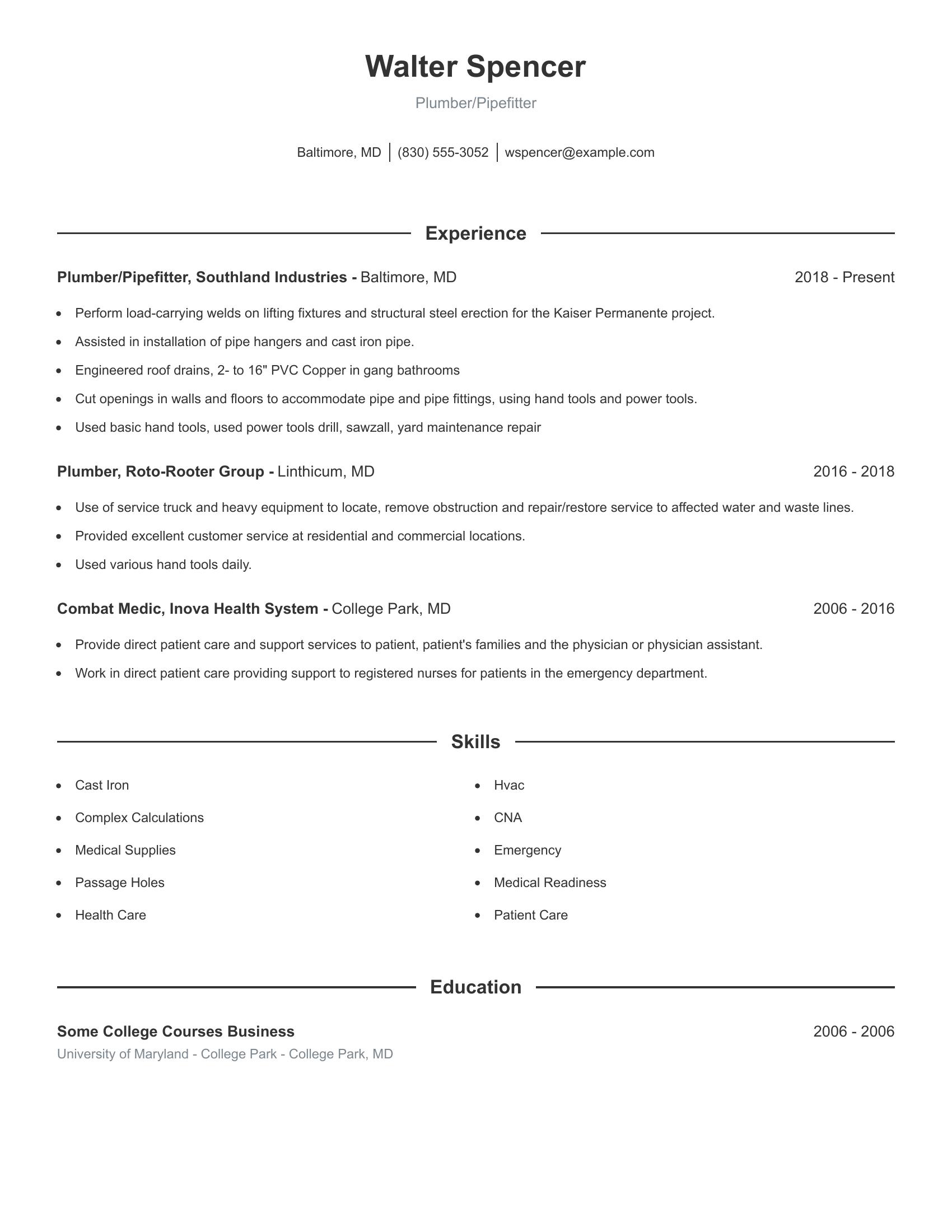 Plumber/Pipefitter resume example