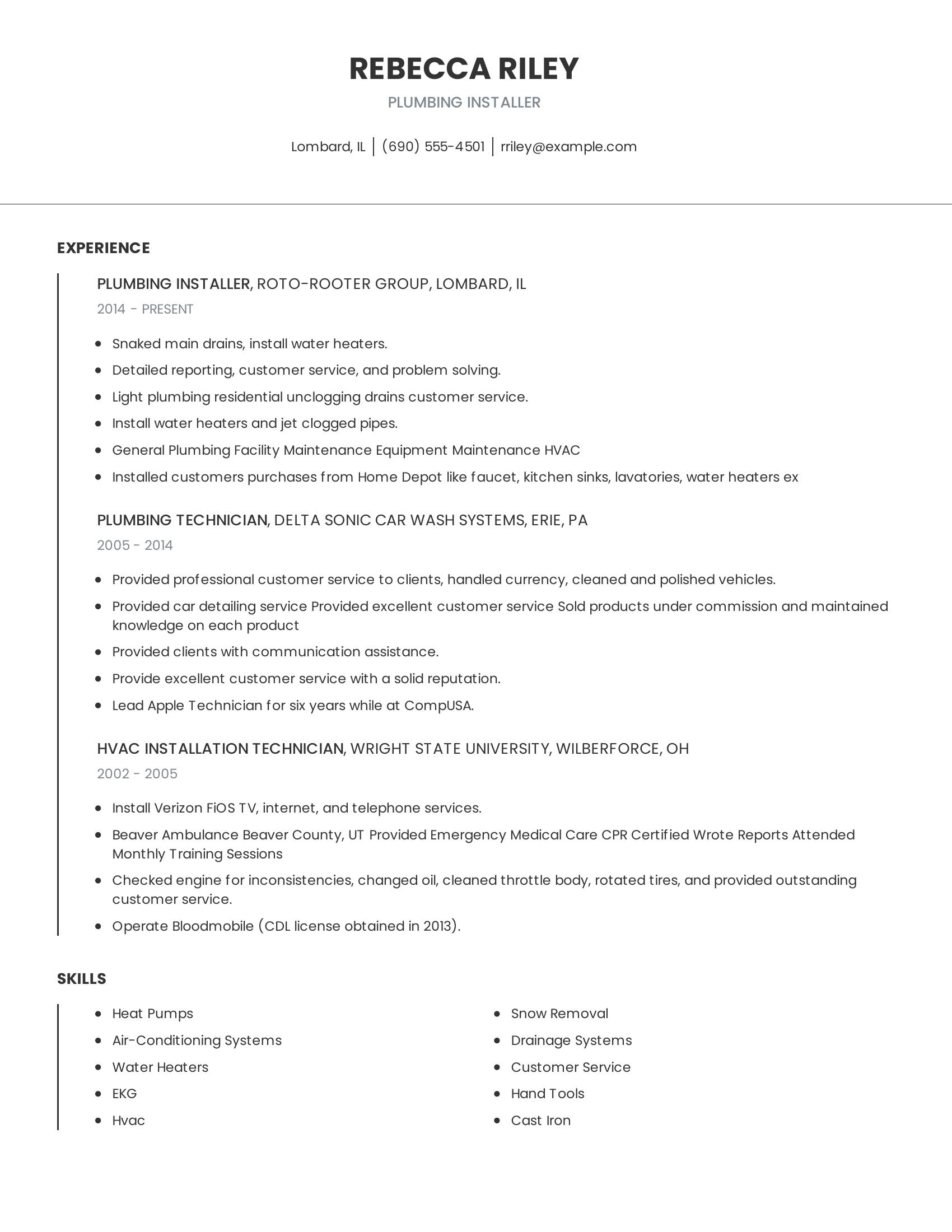 Plumbing Installer resume example