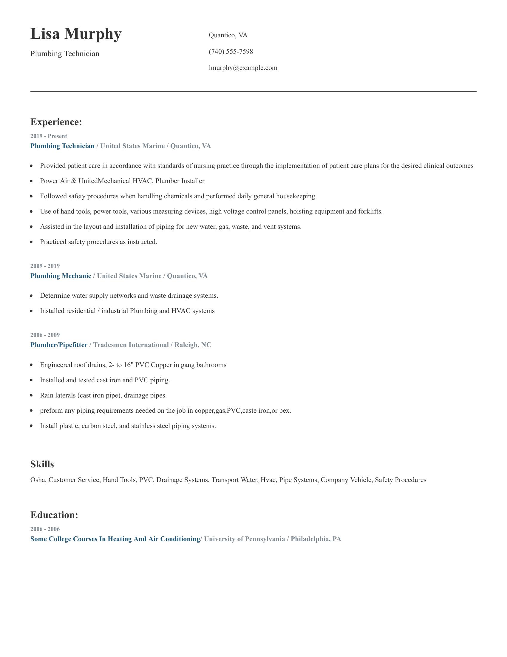 Plumbing Technician resume example