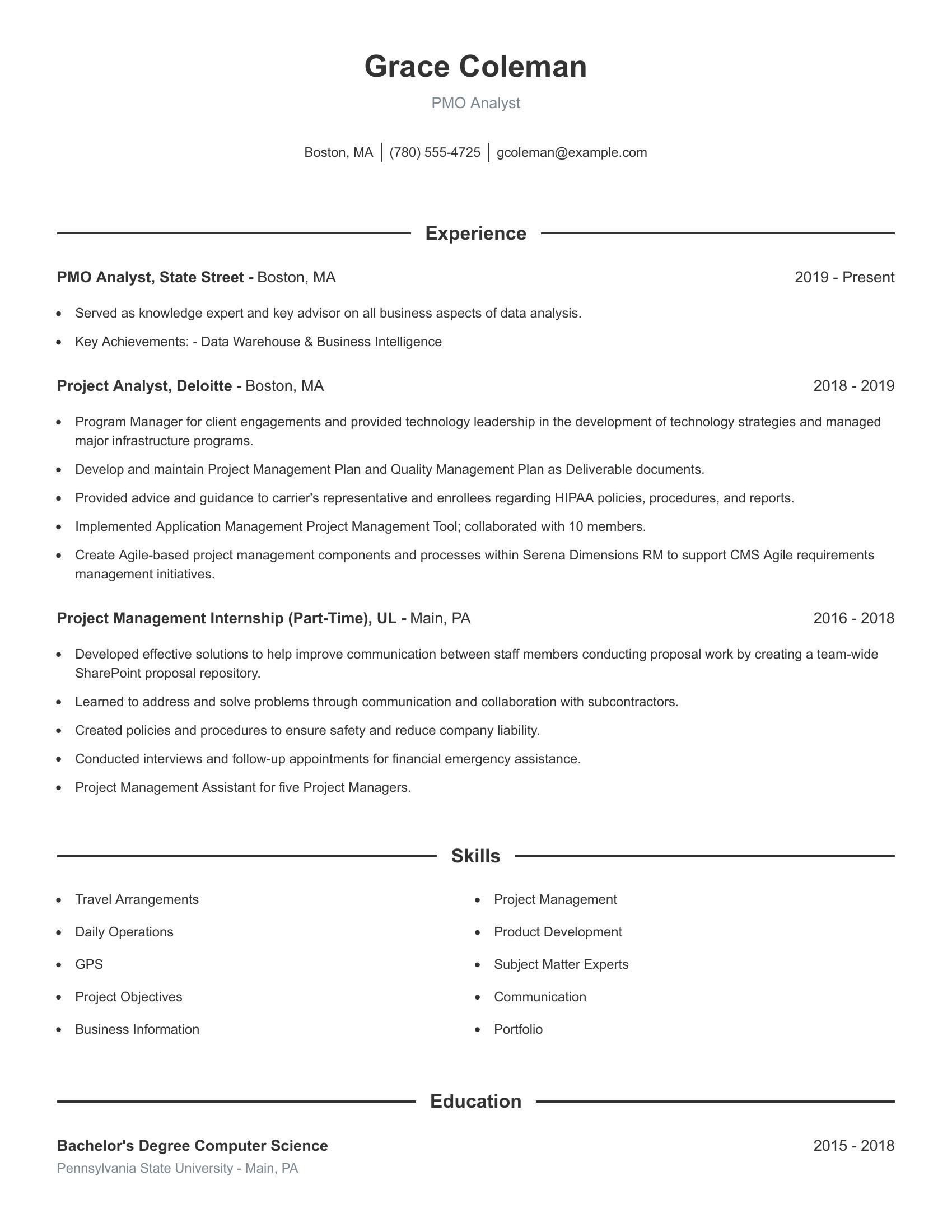 PMO Analyst resume example