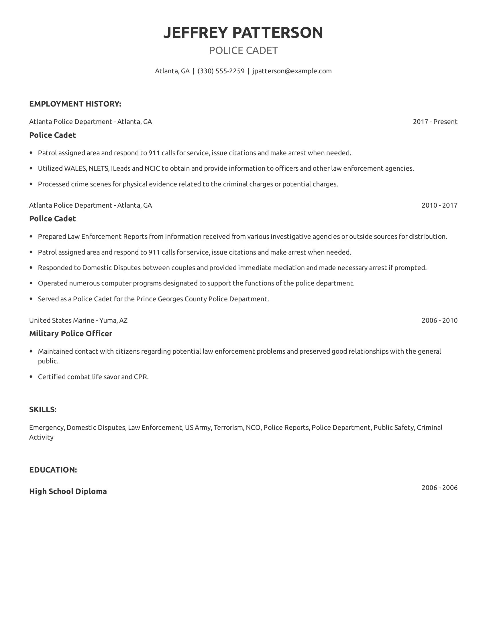 Police Cadet resume example