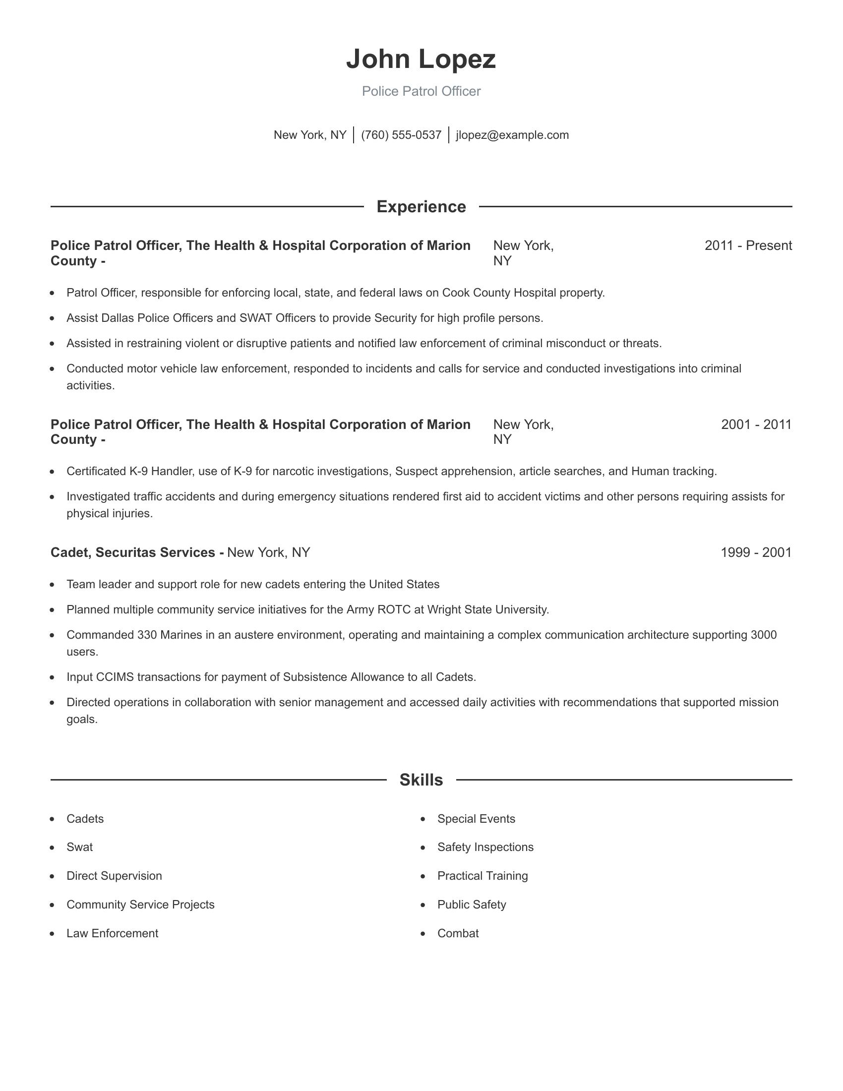 Police Patrol Officer resume example