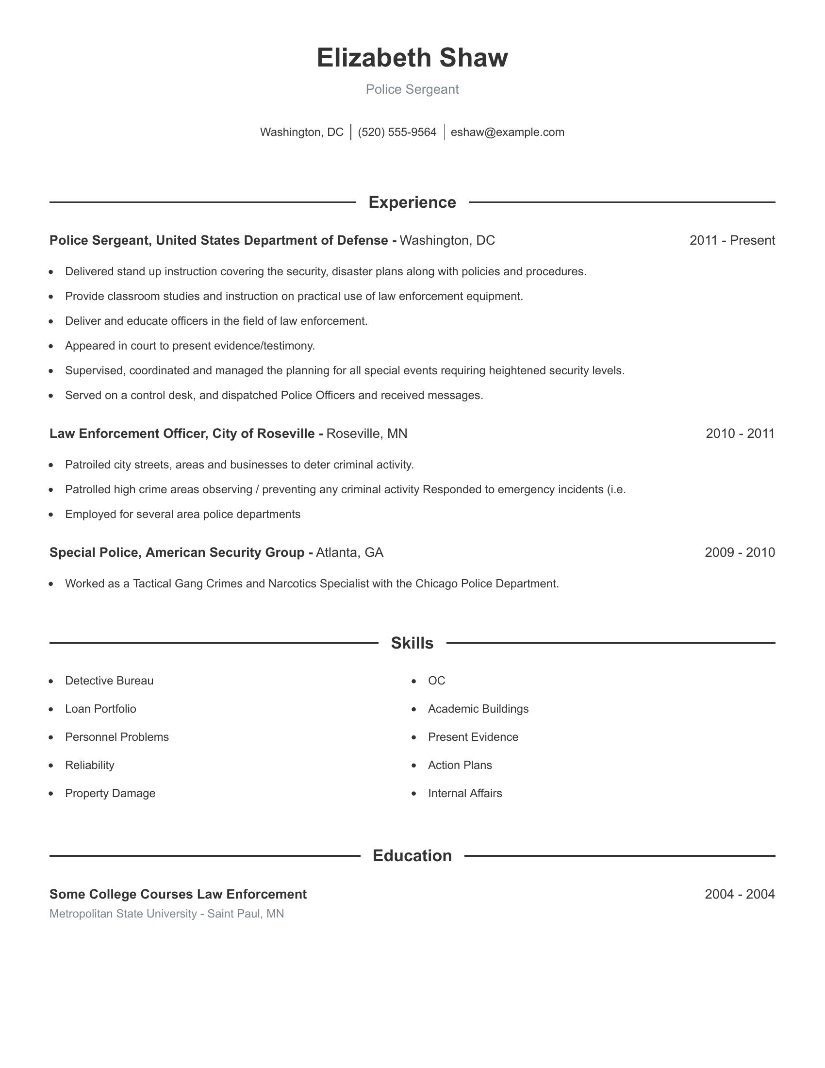 Police Sergeant resume example